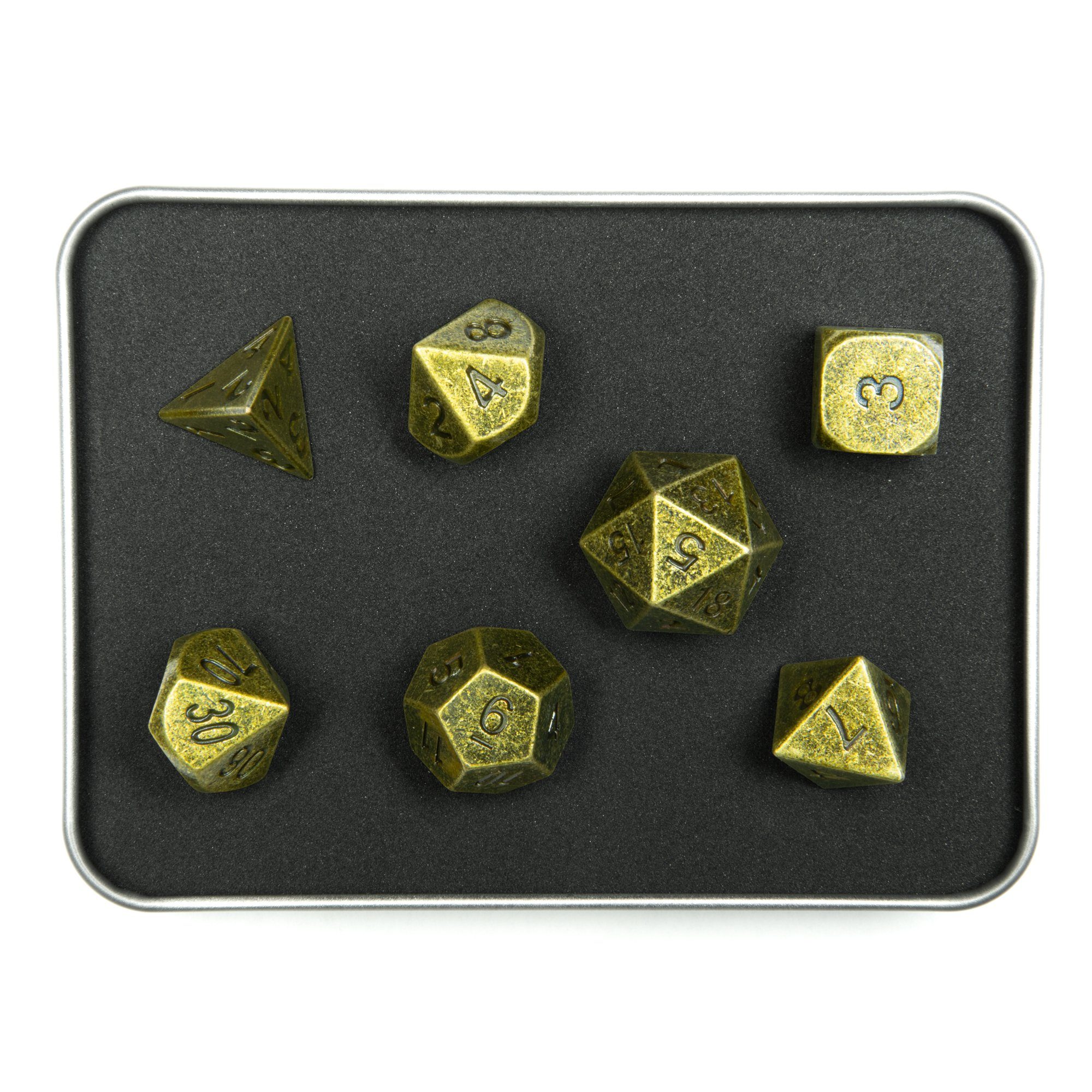 SHIBBY Spielesammlung Pen & Paper Polyedrische DND Würfel 7-teilig aus Metall - Used Look