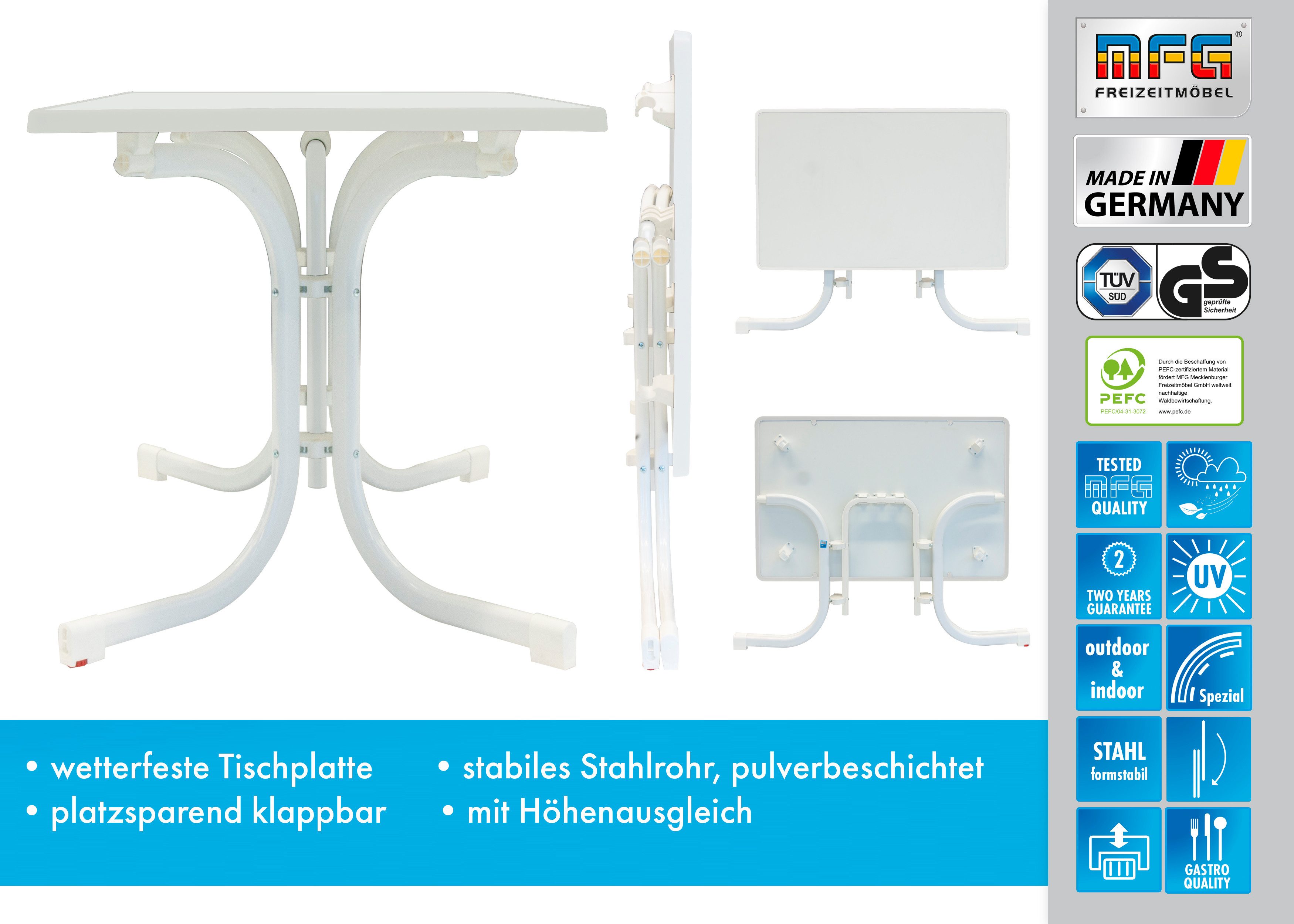 MFG Freizeitmöbel Gartentisch MFG Boulevard-Klapptisch 110x70 cm, weiß/weiß, Wetterfeste Melamin-Platte mit stoßfester Kante