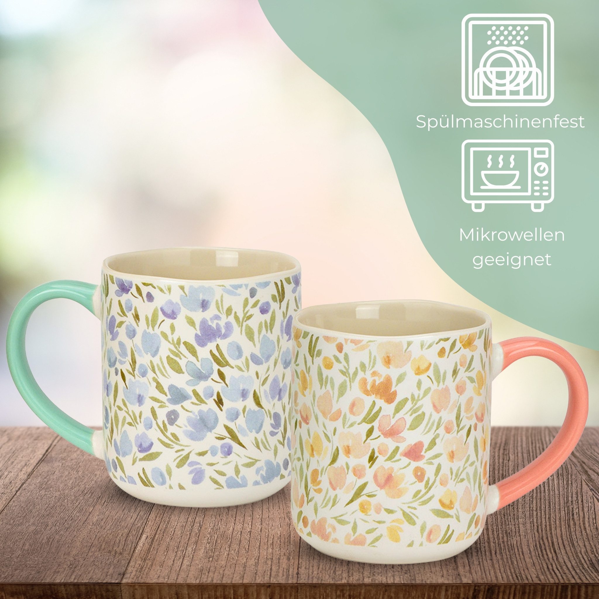 matches21 HOME & HOBBY Tasse Kaffeetassen mit Blumen Dekor, 6er Set Designertassen, 6-tlg., Porzellan, Moderne Pastell Frühstückstasse 385 ml