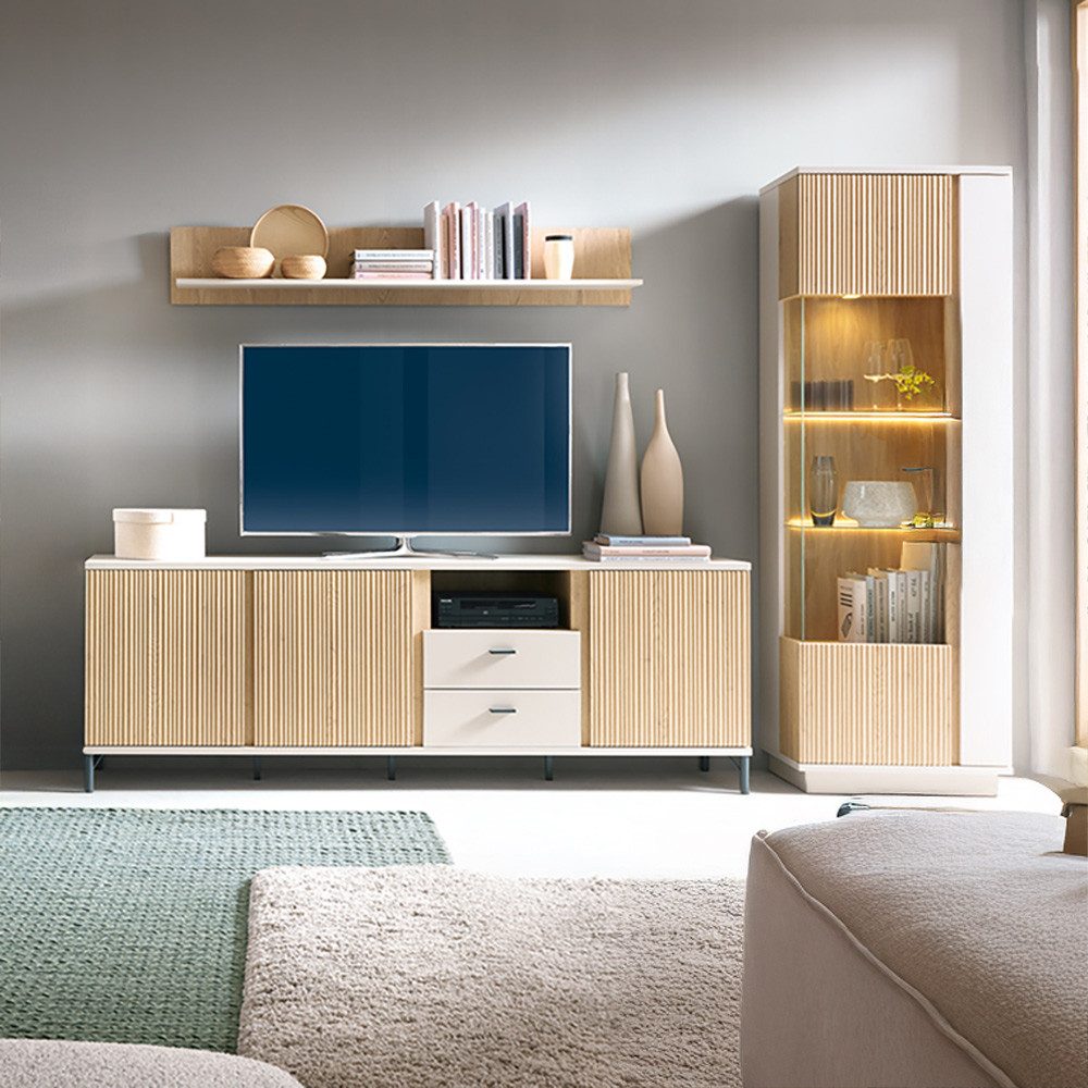Lomadox Wohnzimmer-Set MOLINA-129, (Mega-Spar-Set, 3-St., Lowboard Vitrine Wandregal), Wohnzimmermöbel in Eiche & kaschmir mit Softclose & LED-Beleuchtung