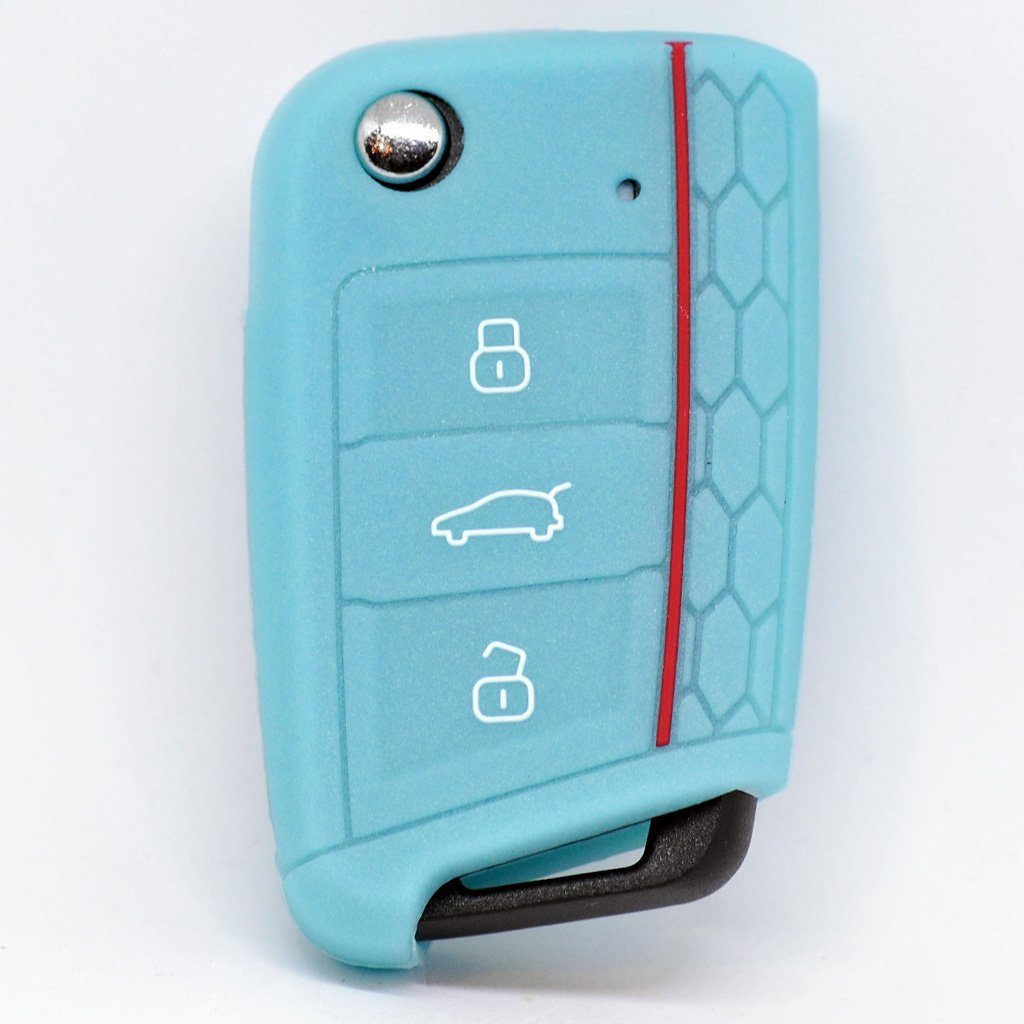 mt-key Schlüsseltasche Autoschlüssel fluoreszierend Seat Superb Blau, Schutzhülle für Softcase Ateca Octavia Silikon Golf 6C Polo 7 Skoda Kodiaq Arona Leon