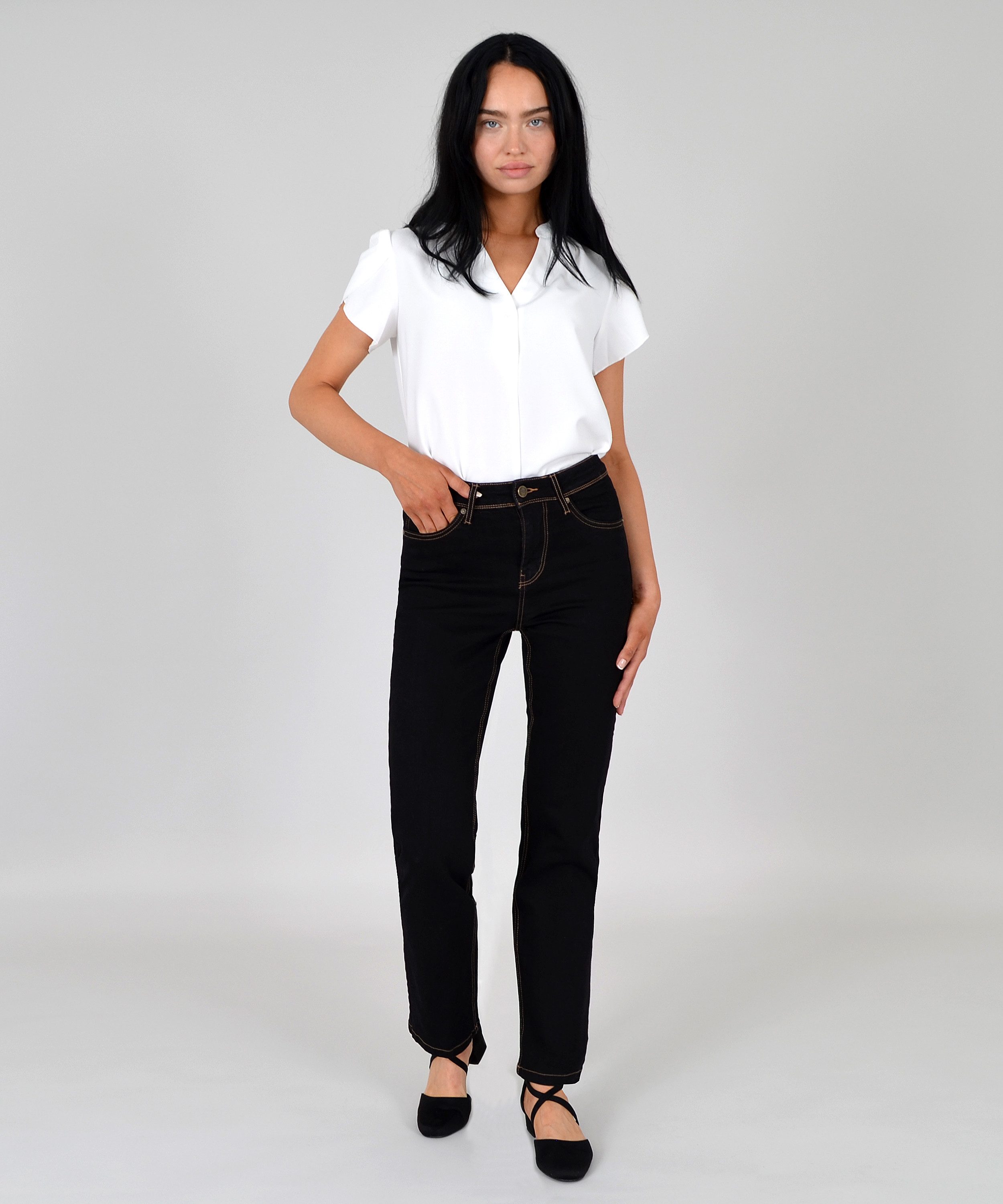 ESRA Straight-Jeans Damen Jeans Geradeschnitt Stretch Jeans Damen Regular Fit G4 Sale schwarze Jeans Damen Straight Hose High Waist Jeans Regular schwarz – Bild 4 von 5
