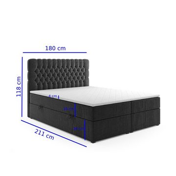 Möbel Punkt Boxspringbett Ferrara One Grau Schwarz, inkl. Bettkasten und Topper, Chesterfield - Optik