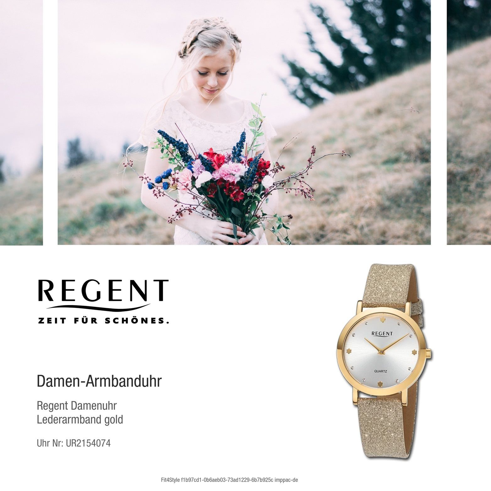 Armbanduhr rundes extra Quarzuhr Damen Gehäuse, Regent Regent groß Analog, Damenuhr (ca. Lederarmband gold, 32,5mm)