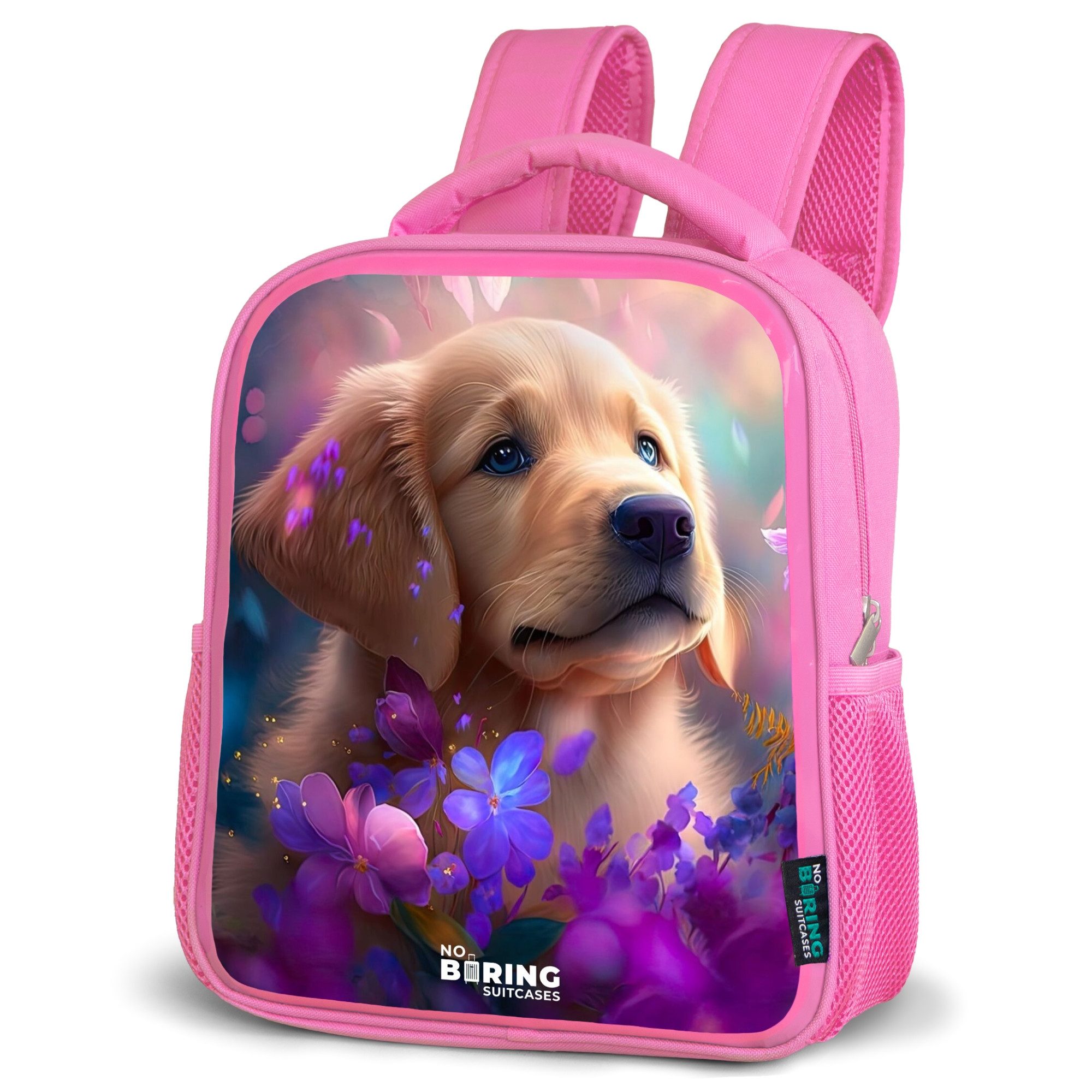 NoBoringSuitcases.com© Rucksack Junger Hund inmitten bunter Blumen, Kinderrucksack, Schulrucksack, Freizeitrucksack, Mädchen, Kindergarten