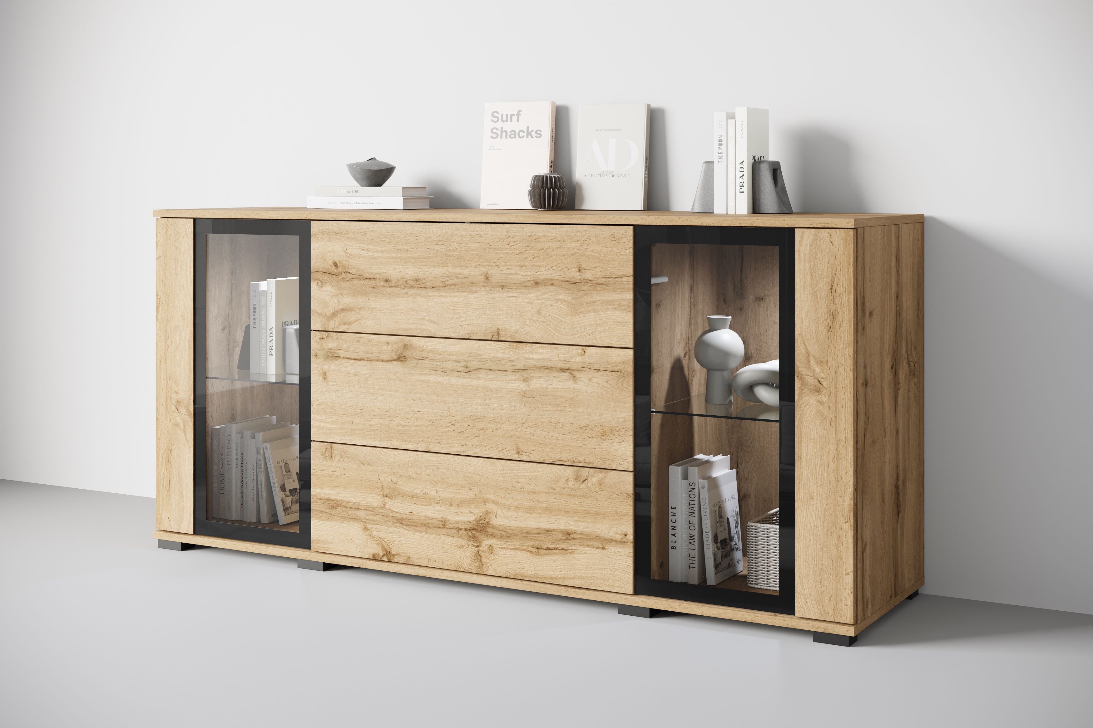Home affaire Sideboard modernes Design mit Glaseinsätzen und 3 Schubladen, Breite 150 cm (1 St), Grifflose Fronten mit Push-to-Open, höhenverstellbare Einlegeböden