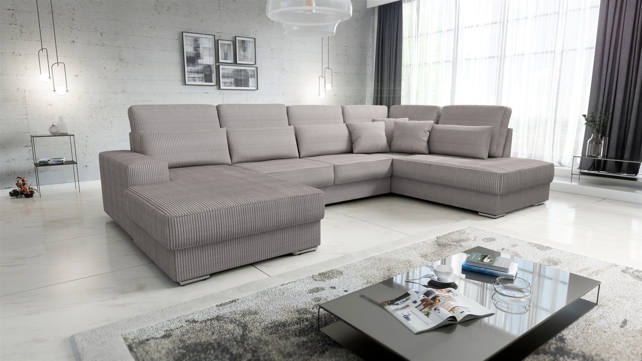 Fun Möbel Wohnlandschaft Sofa U-Form Stoff Links Graubraun mane NEVIO Scala, oder Rechts, Rundumbezug in