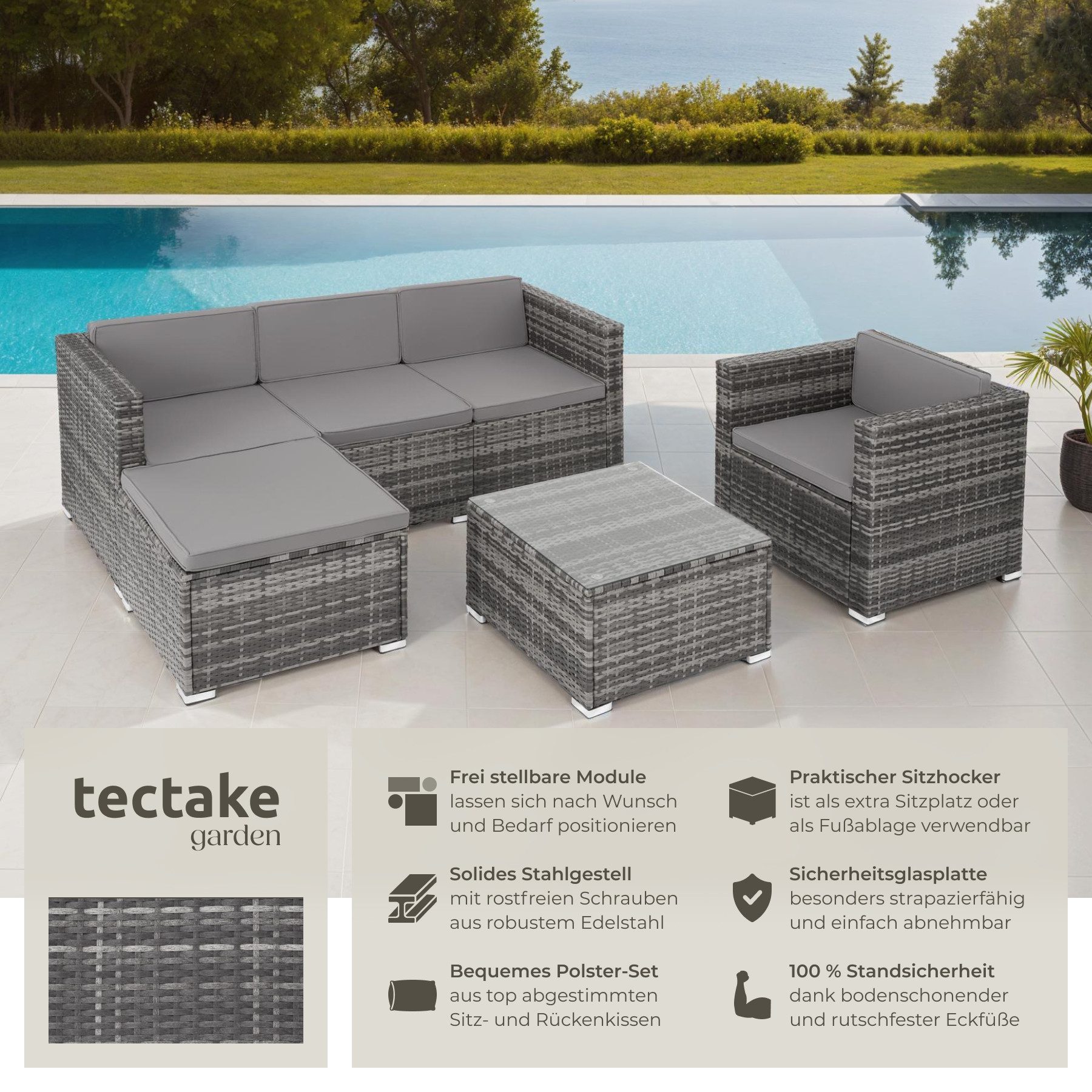 tectake Loungeset Rattan Sitzgruppe mit Sicherheitsglasplatte, für 4 bis 5 Personen, (Gartenlounge-set Lignano, 6-tlg., geeignet für Outdoor in Grau), widerstandsfähig und UV-beständig, variabel aufstellbar