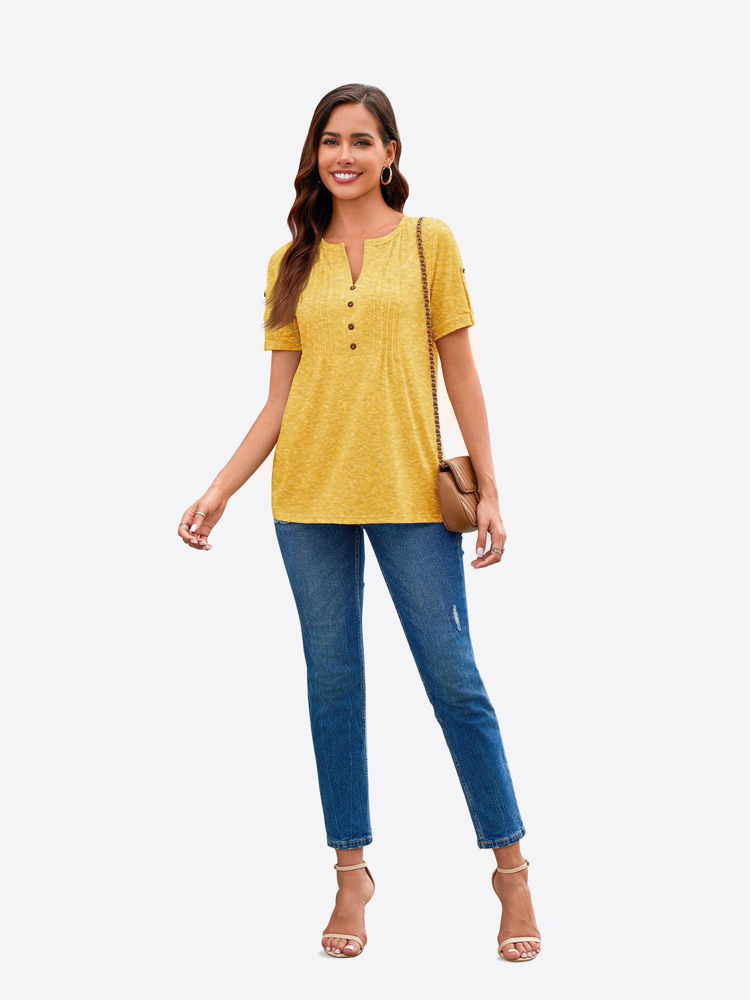 Imily Bela Tunika Damen mit V-Ausschnitt Knöpfen A-förmigem Saum (Packung, 1-tlg., 1per-Pack) einfarbig mit Knopfleiste Falten