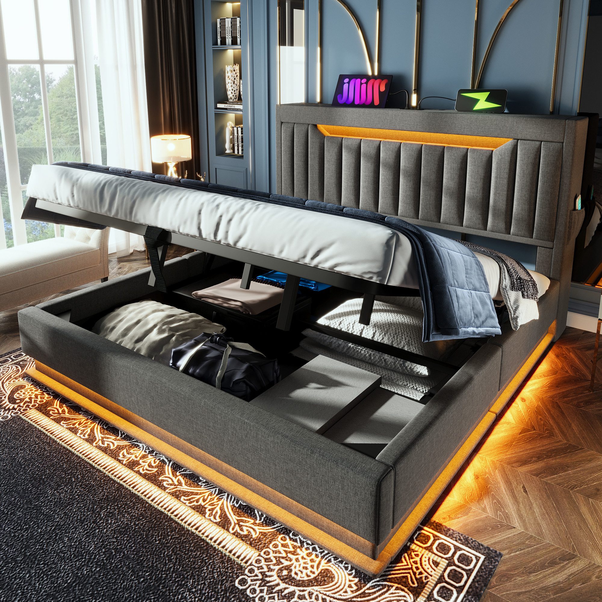 MODFU Polsterbett mit Stauraum LED Beleuchtung Ladefunktion (Struraumbett, Funktionsbett, 180x200 cm, ohne Matratze, Grau), mit USB- und Typ-C-Anschlüssen, LED-Beleuchtung