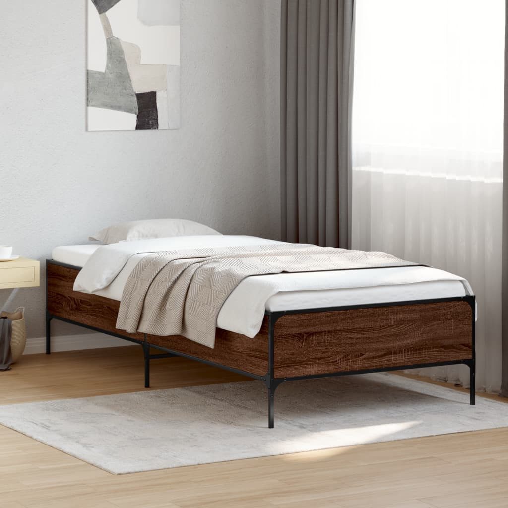 vidaXL Bett Bettgestell Braun Eichen-Optik 90x200 cm Holzwerkstoff Metall