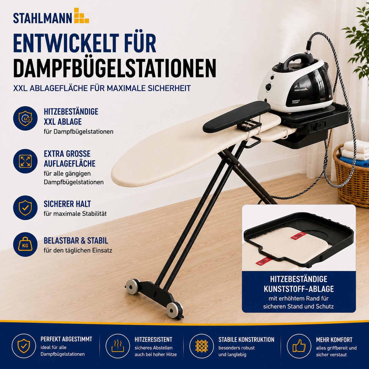 STAHLMANN COMMERCE GmbH Bügelbrett 132 × 46 cm,Made in EU, mit Ärmelbrett, für Dampfbügelstation, Bügelfläche 46x132 cm, Made in EU, mit Ärmelbrett, exklusiv für Dampfgeneratoren