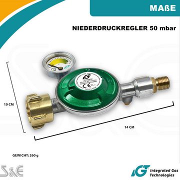 IGT Druckminderer 50 mbar Gas Druckminderer Gasregler für Camping Propan Gasflasche, (für Gas-Grill, Gaskocher, Gas-Heizofen), mit 360° Manometer, Gas-Füllstandsanzeiger, Gasregler Schlüssel