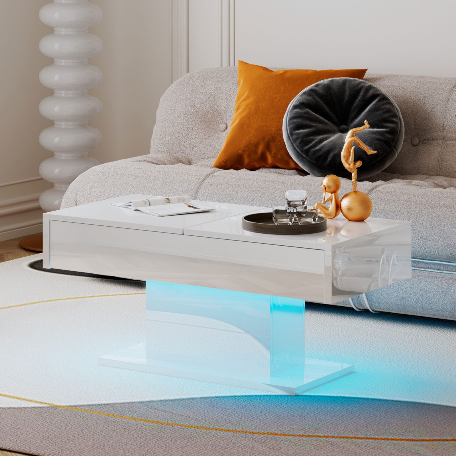 radelldar Couchtisch Hochglanz ausziehbar, 108-175x53x49cm (1-St), Wohnzimmertisch mit Stauraum für Sofa, LED-Beleuchtung