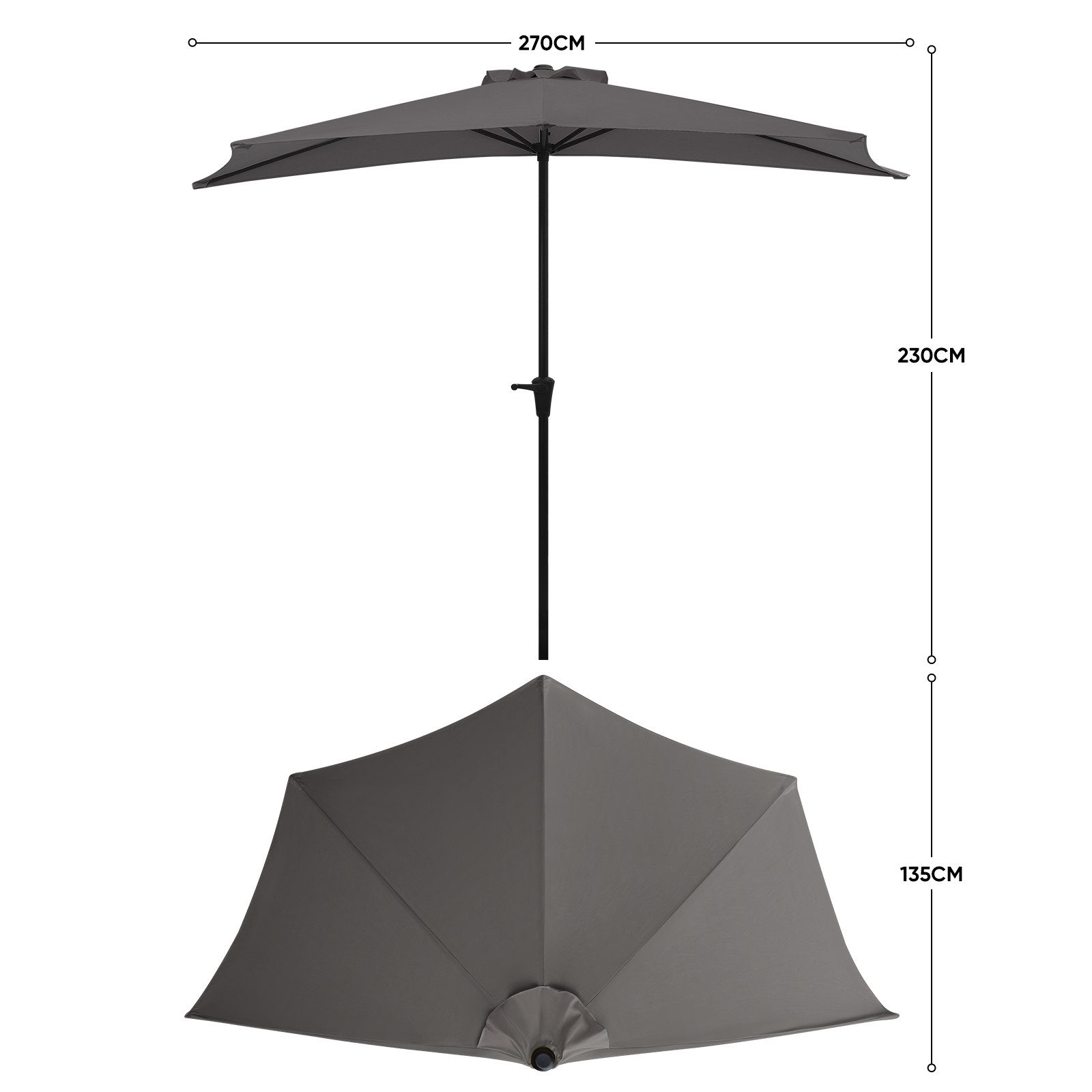 Sekey Balkonschirm 270 cm Sonnenschirm Halbrund Terrassenschirm mit Kurbel, UV50+ Schutz, Halbrundschirm für Balkon, Garten, Hof, Restaurant, Café, Biergarten