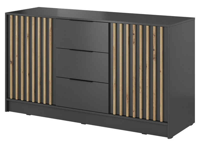 MOEBLO Kommode JOHN 3D (dekorative Lamellen Schrank Sideboard mit 2 Türen und 3 Schubladen, Moderne Wohnzimmer Schlafzimmer Möbel Kommode für Wohnzimmer), (BxHxT): 155x86x45 cm