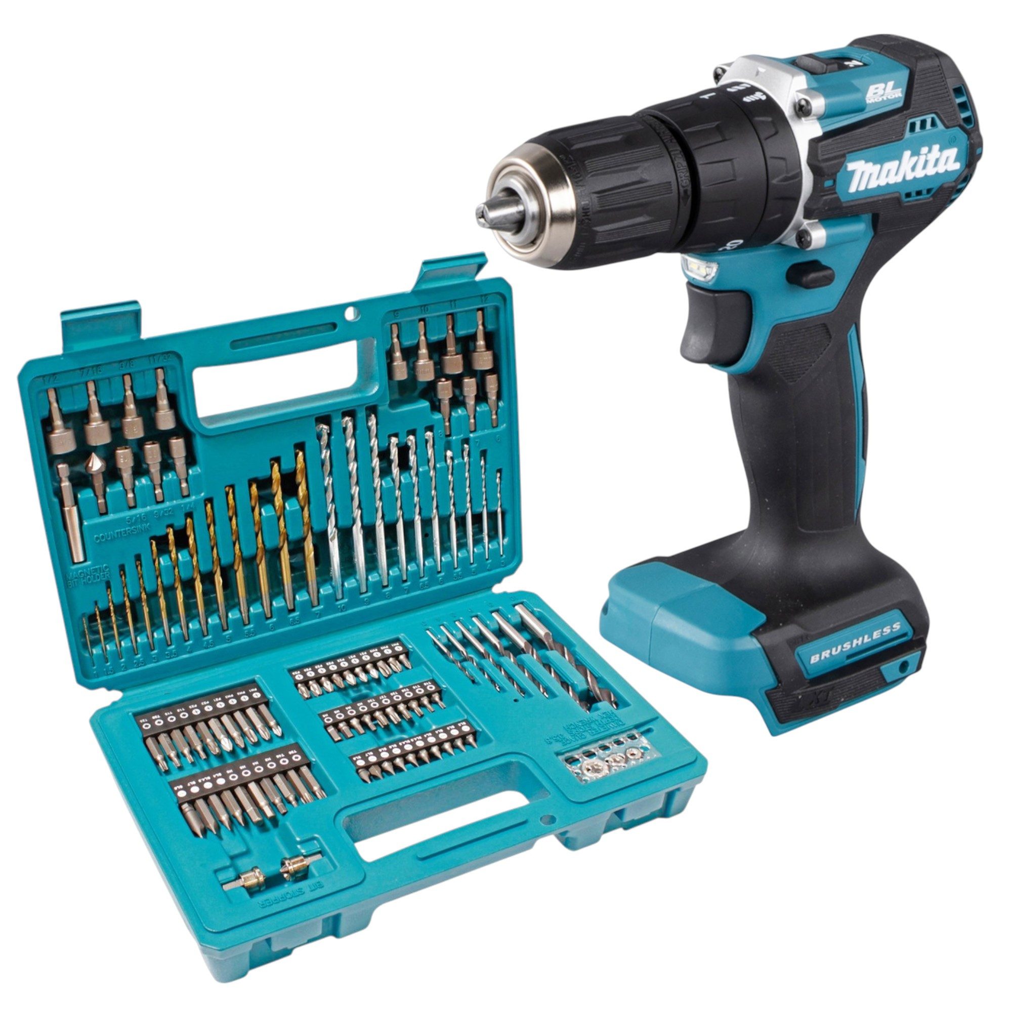 Makita Schlagbohrmaschine DHP 487 Z 18 V 40 Nm + 102 tlg. Bit Bohrer Set - ohne Akku, ohne Lade