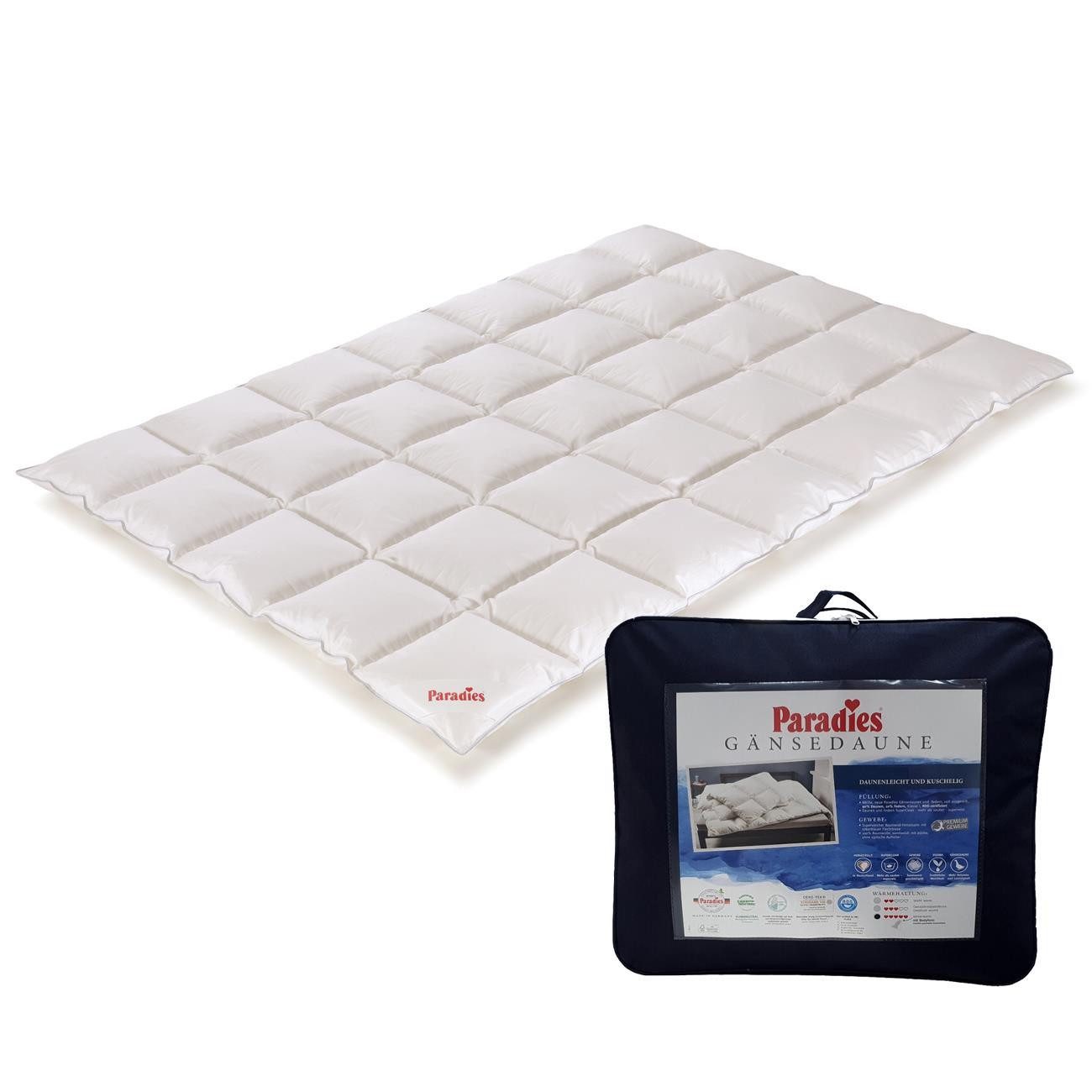 Paradies Daunenbettdecke Paradies Gänsedaunen Bettdecke Daunendecke Galia leicht warm 135x200, Füllung: 90% neue weiße Gänsedaunen Klasse1, 10% neue weiße Gänsefederchen Klasse1, super Clean, Bezug: 100% Baumwolle ohne optische Aufheller