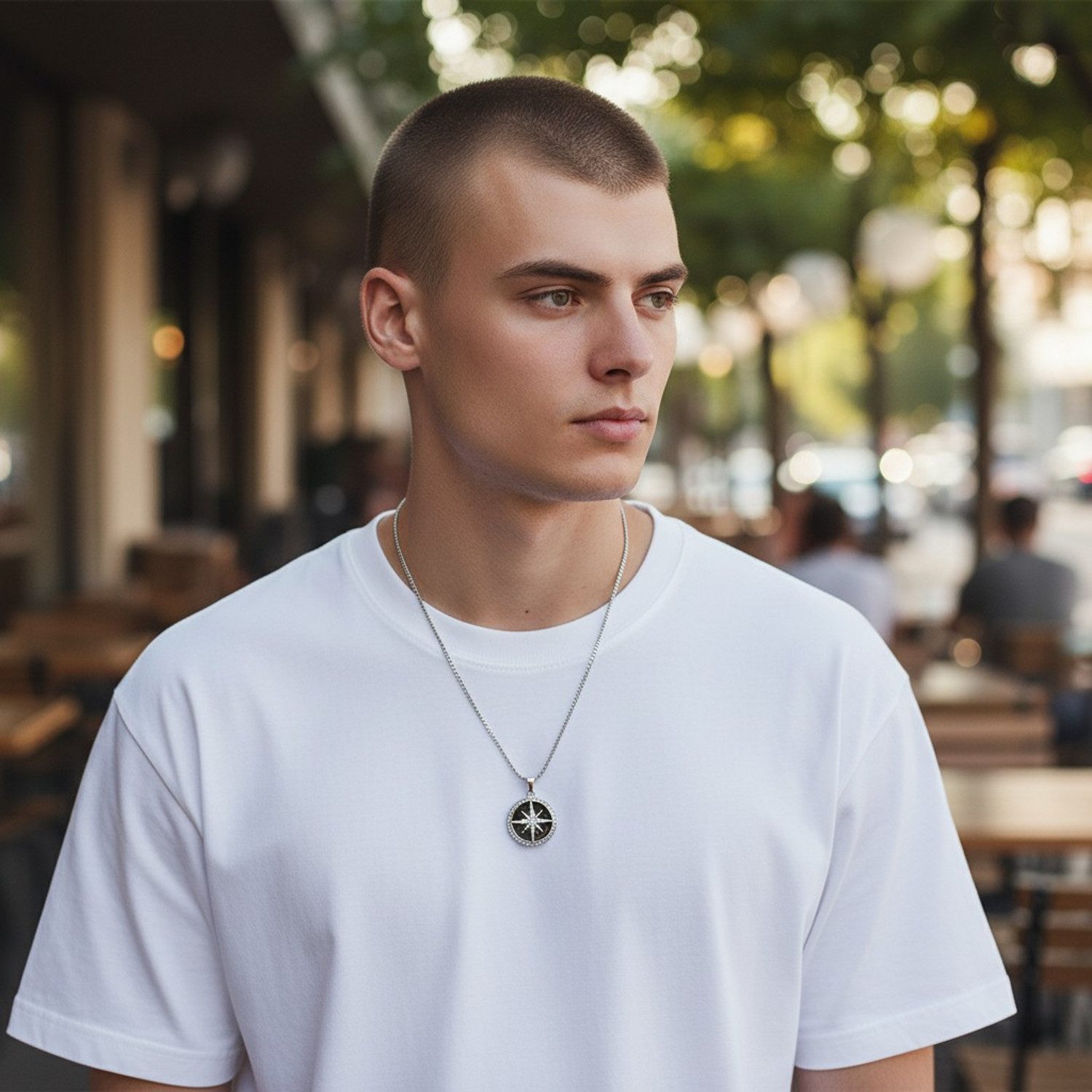 KARMA Kette mit Anhänger Halskette Kompass Anhänger Edelstahl Silber Schmuc günstig online kaufen