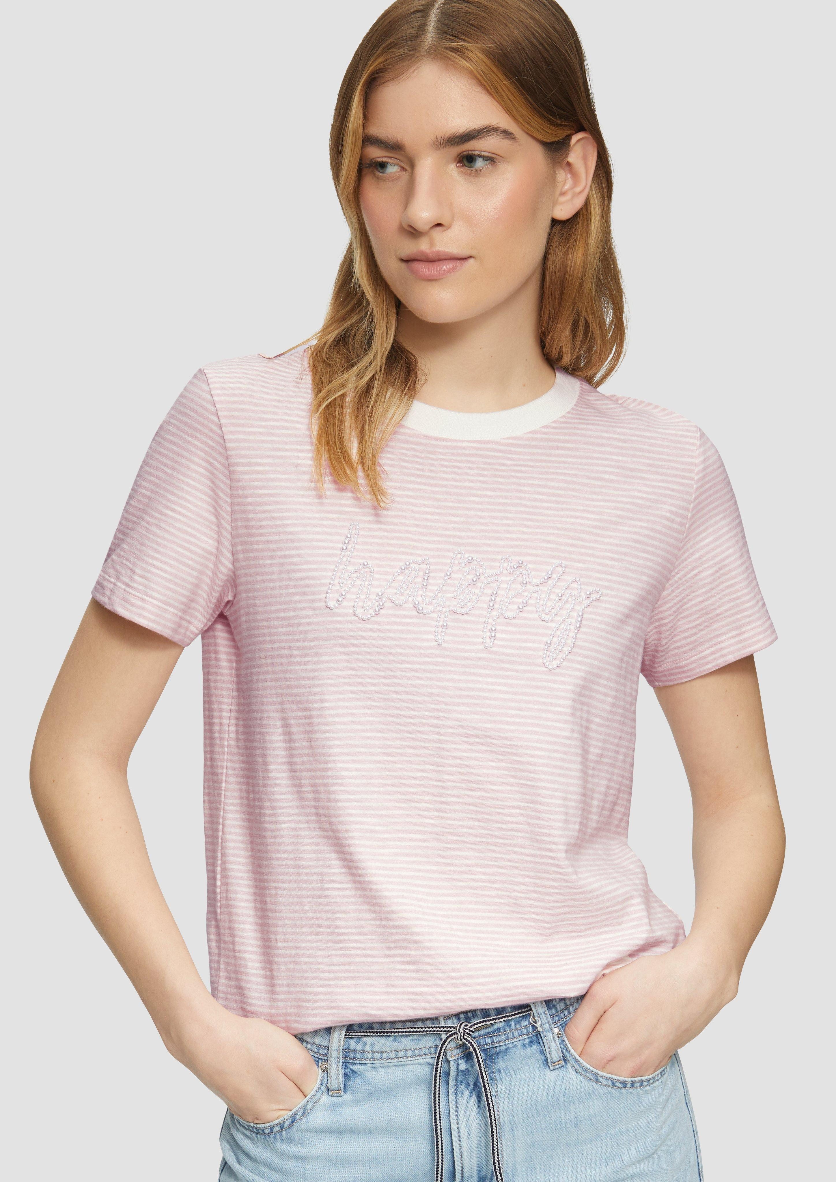 s.Oliver Kurzarmshirt Streifenshirt mit Schmuckperlen Artwork günstig online kaufen