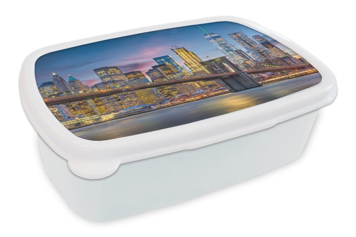 MuchoWow Lunchbox New York - Brooklyn Bridge - Nacht, Kunststoff, (2-tlg), Brotbox für Kinder und Erwachsene, Brotdose, für Jungs und Mädchen weiß