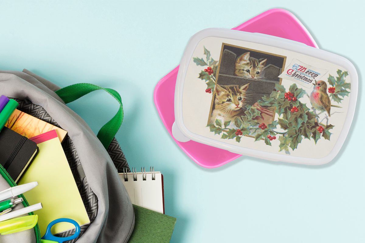 Weihnachten Lunchbox Kinder, Mädchen, Brotbox - rosa Brotdose für - Katzen Kunststoff Vogel, (2-tlg), MuchoWow Kunststoff, Snackbox, Erwachsene,