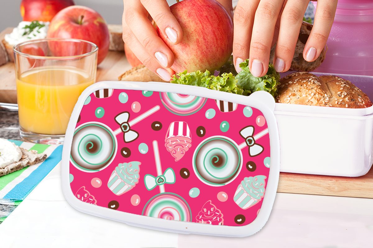 (2-tlg), Brotdose, MuchoWow Rosa, Kunststoff, Design Kinder Lunchbox Mädchen Bonbon - weiß Jungs für Erwachsene, Brotbox und für - und