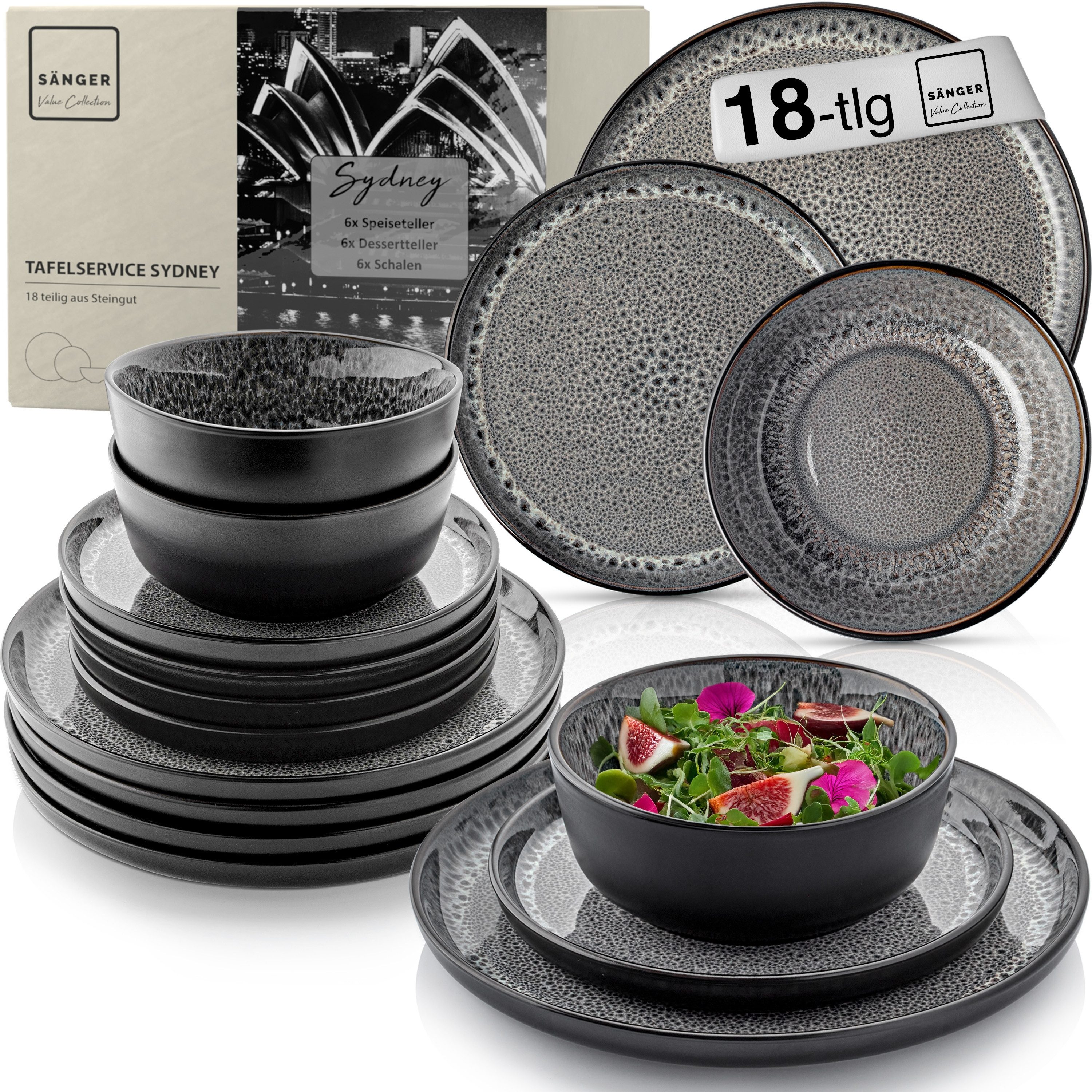 SÄNGER Tafelservice Sydney Geschirrset, Grau (18-tlg), 6 Personen, Steingut, Handmade, spülmaschinenfest, VALUE COLLECTION