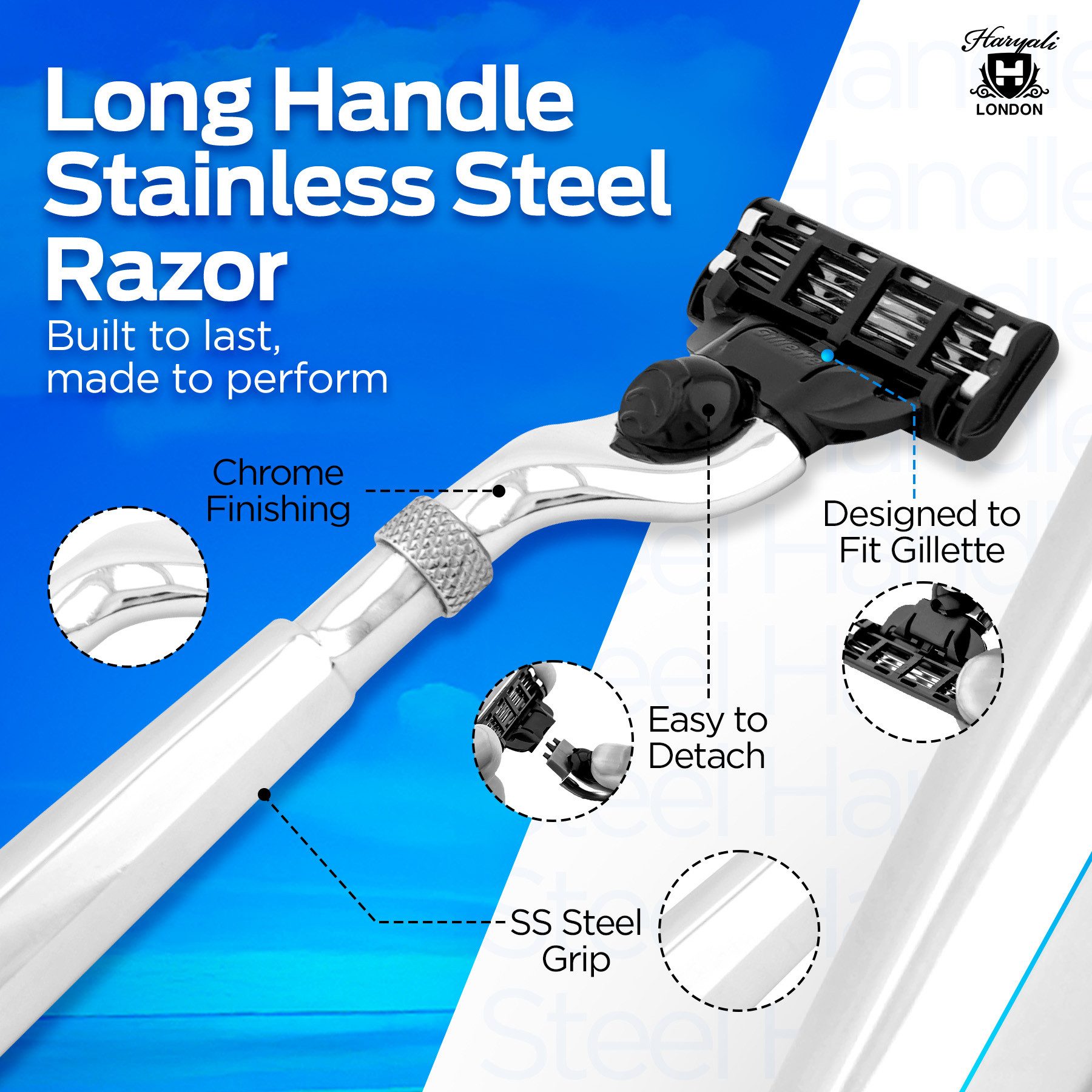 Haryali London Nassrasierer 3-Klingen-Rasierer für Unisex, Edelstahlrasierer, leicht, Pack, Rasierapparat mit abnehmbarer Klinge und messing-silbernem Griff, Abwaschbarer, rutschfester Griff. Passt auf alle Mach 3-Rasierer.