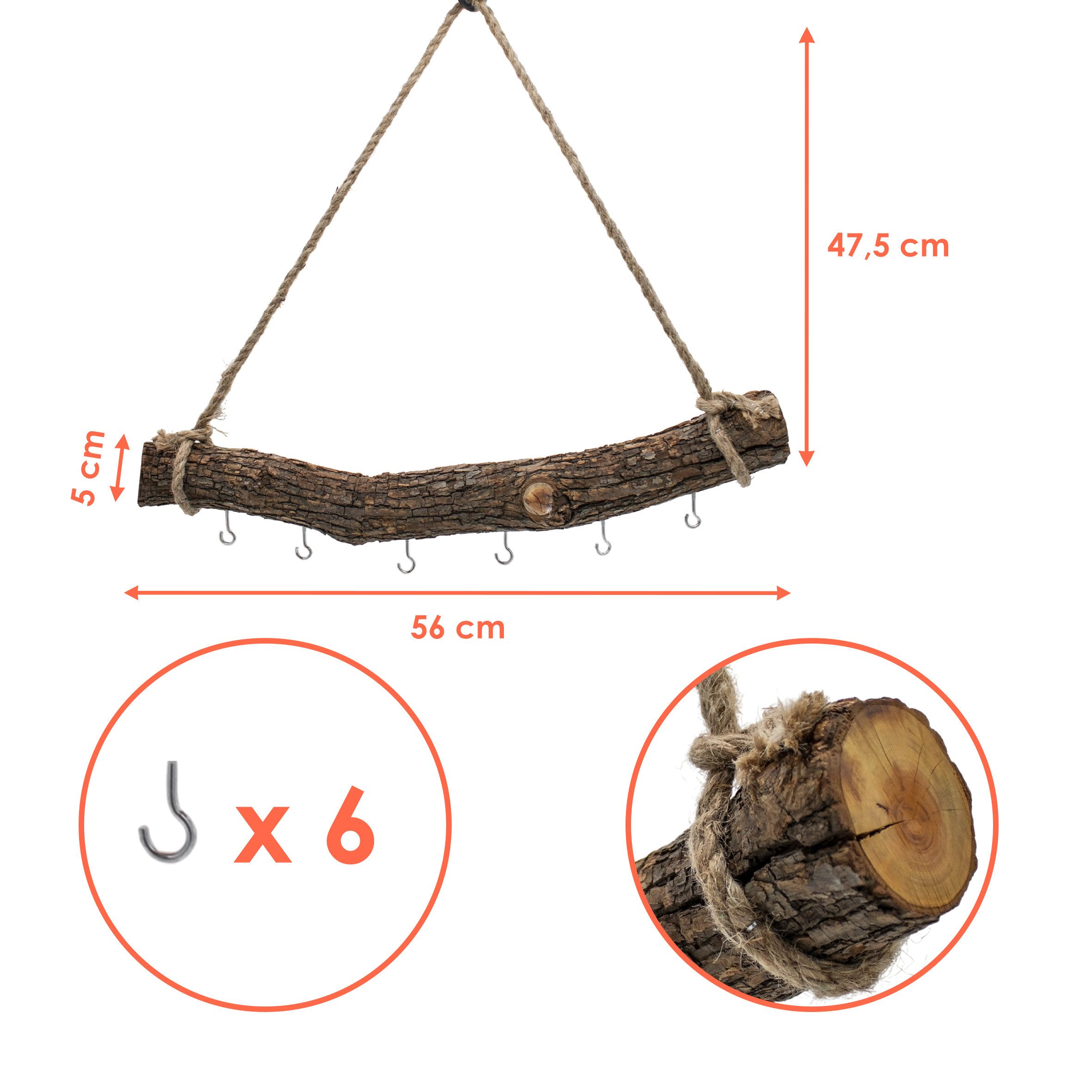 Spetebo Hängedekoration Holzast massiv zum Hängen mit 6 Haken zum Dekorieren - 56 cm (Stück, 1 St., 1), gewicht ca. 1,2 kg
