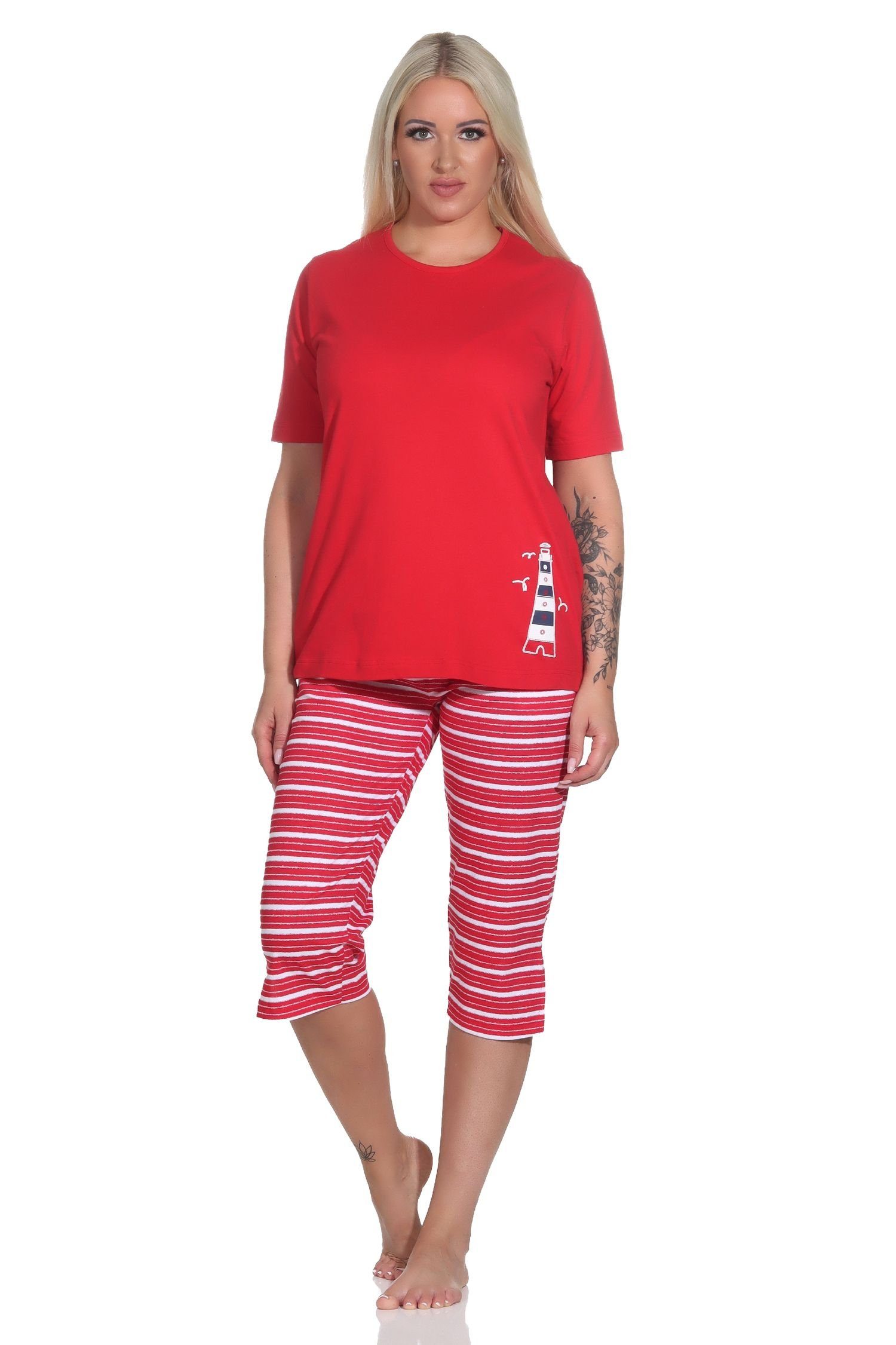 Normann Pyjama Maritimer Damen kurzarm Capri Schlafanzug mit Leuchtturm als Motiv rot | Shortys