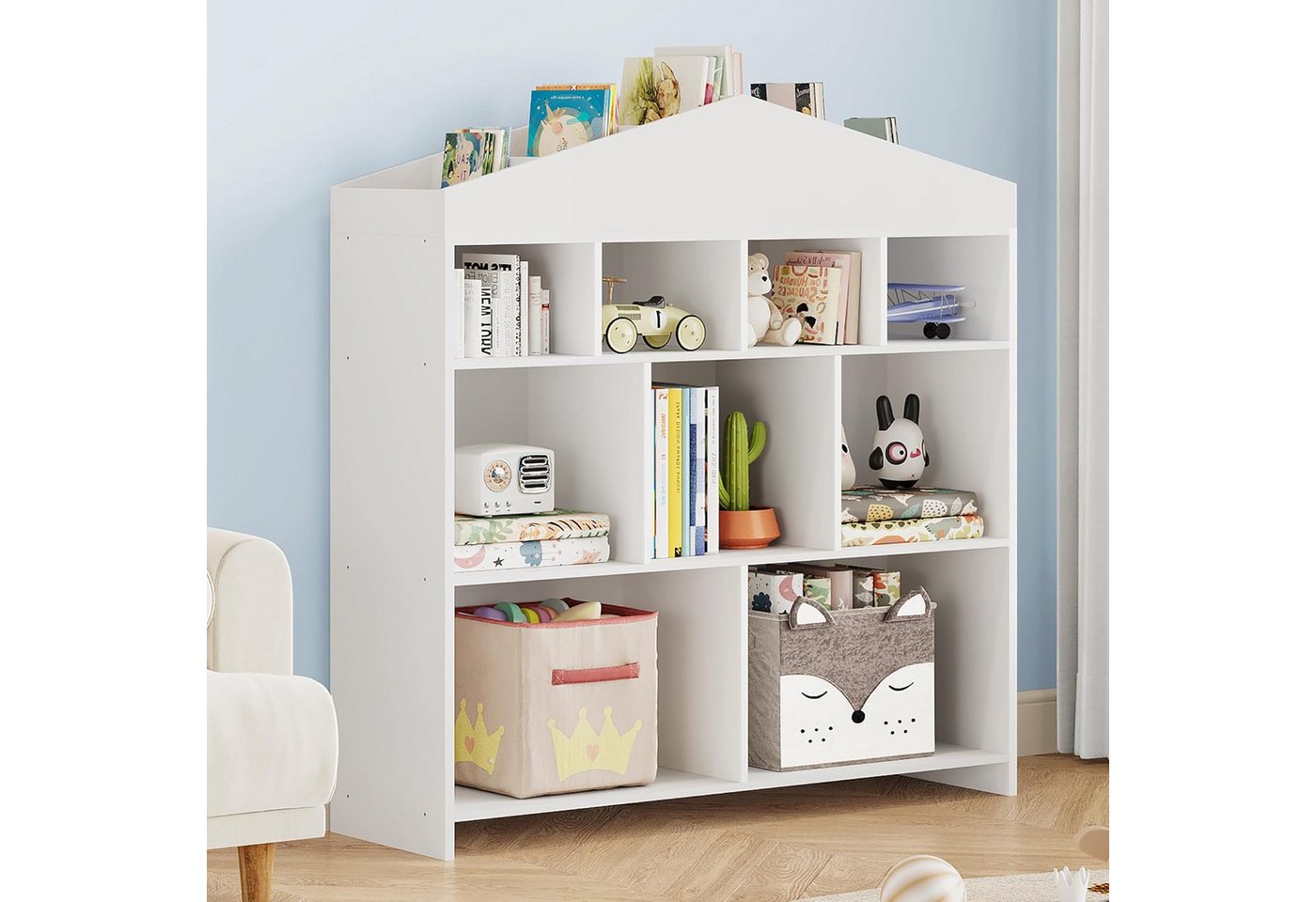 GarveeMore Kinderregal mit 15 Fächern,Burgdesign Spielzeugtruhe,103.5x30x100cm, Bücherregal Kinder,Standregal Spielzeug für Kinderzimmer,Schlafzimmer