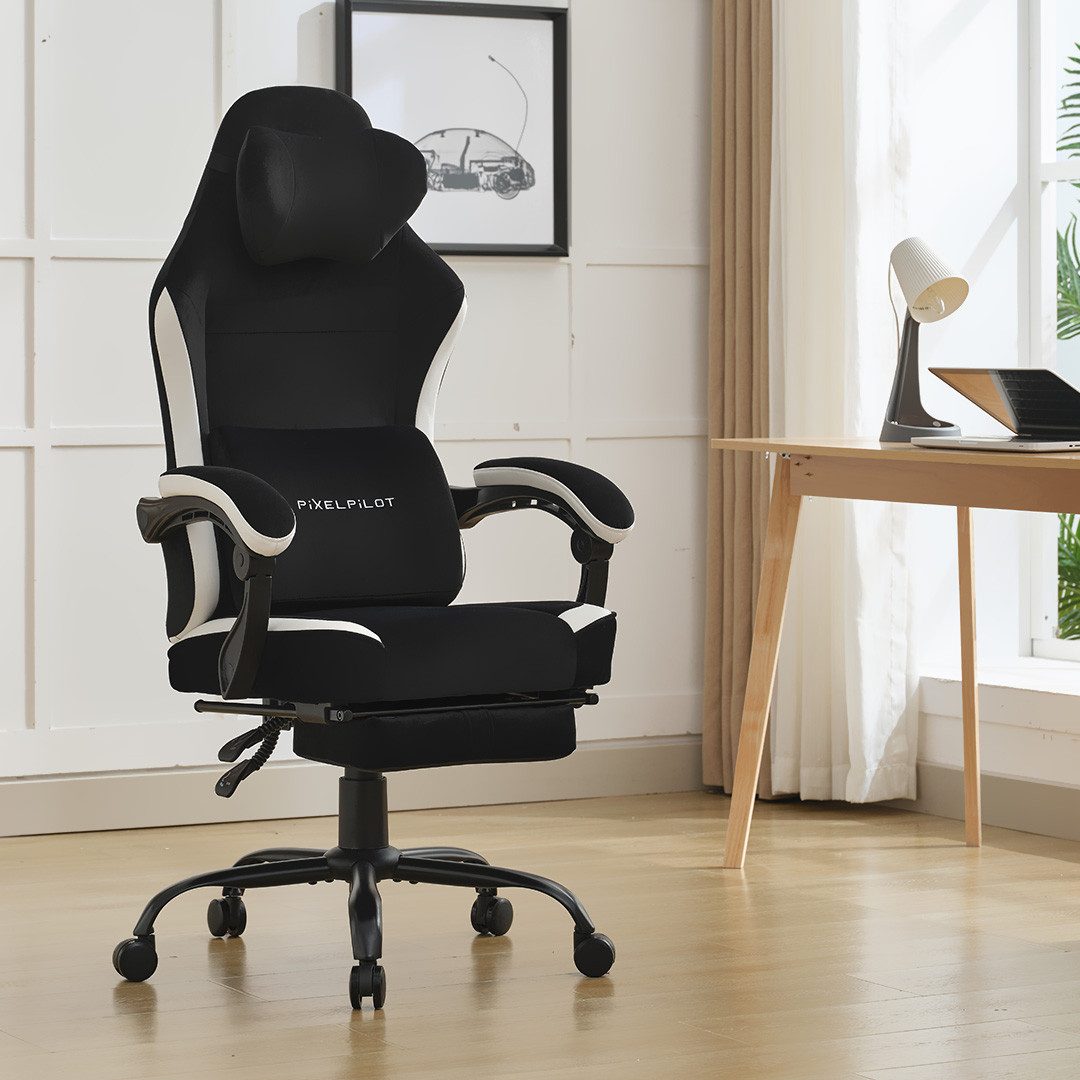 PixelPilot Gaming-Stuhl Ergonomischer Gaming-Stuhl, breite Sitzfläche, Fußstütze, bis 150 kg, Atmungsaktiver Stoff, Ergonomisches Design