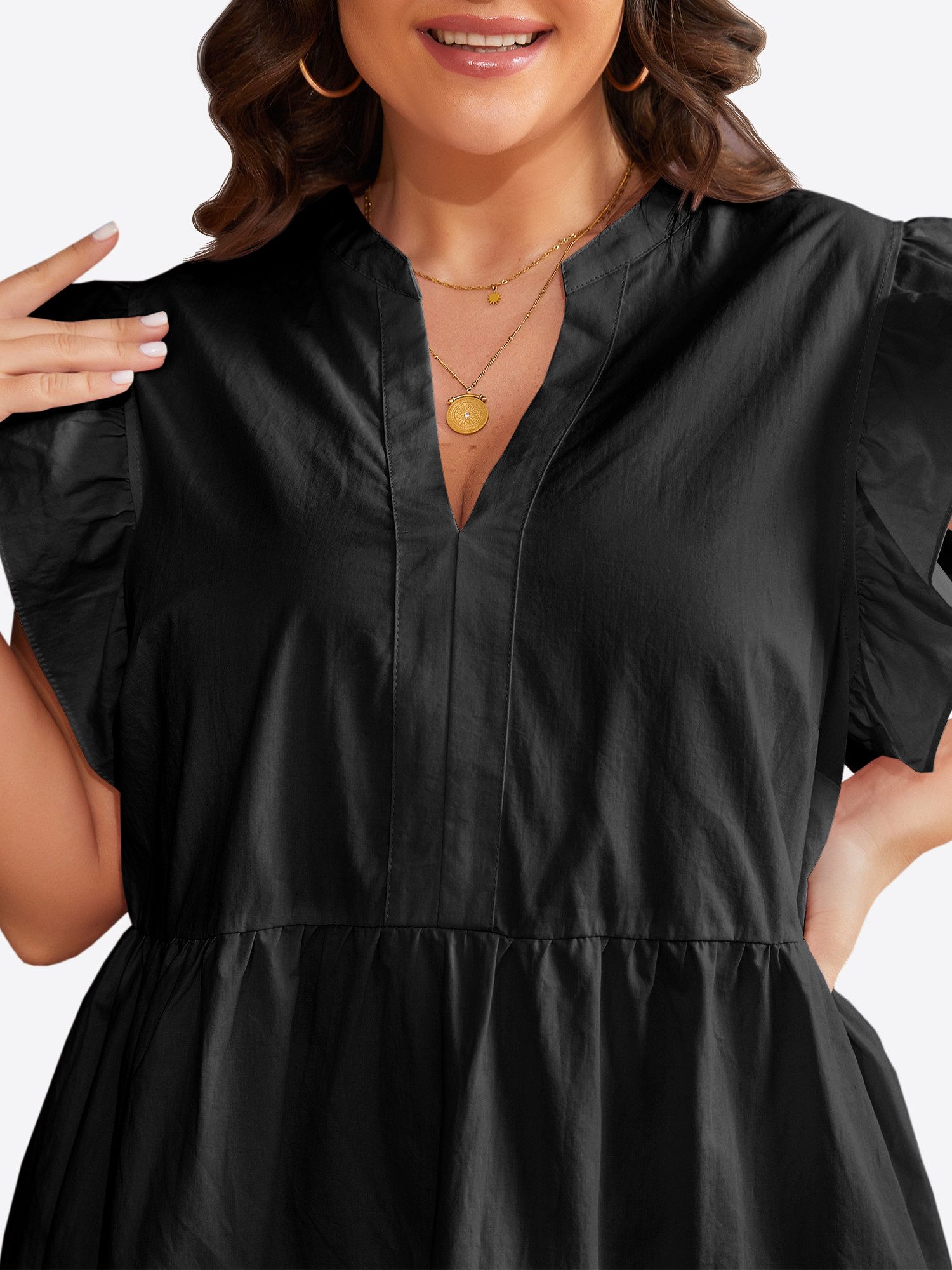 Imily Bela Minikleid Damen Oversize Kurzarm V-Ausschnitt mit Rüschenärmeln A-Linie Sommer (Packung, 1-tlg., 1per-Pack) mit gerüschtem Rock aus Baumwolle in Unif – Bild 4 von 5