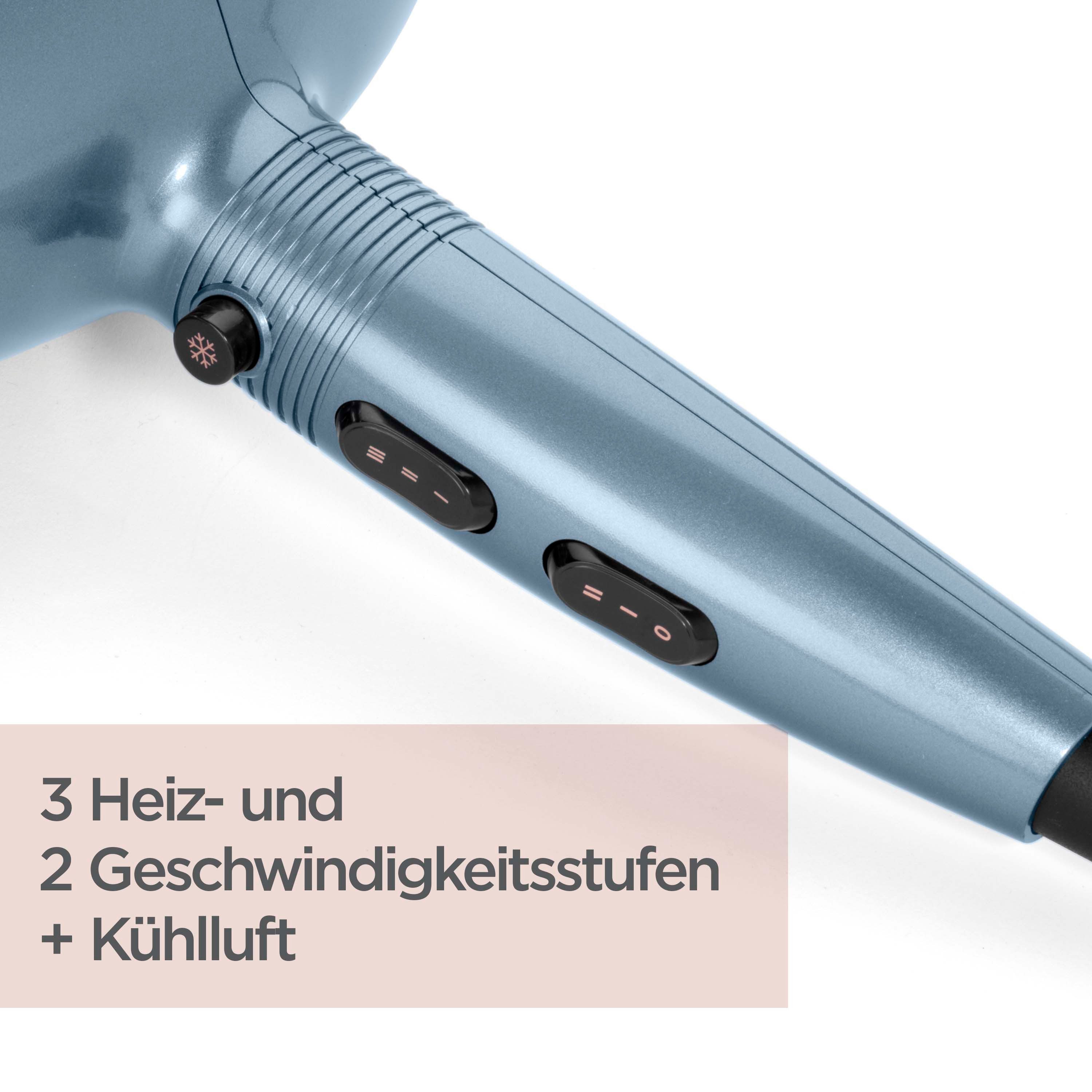 BaByliss Haartrockner BaByliss Denim Luxe Haartrockner mit Ionen-Technologie, D251PE, 2200 W, Föhn mit Aufsatz, HTDC-Motor, 2200W, Keramik-Technologie blau