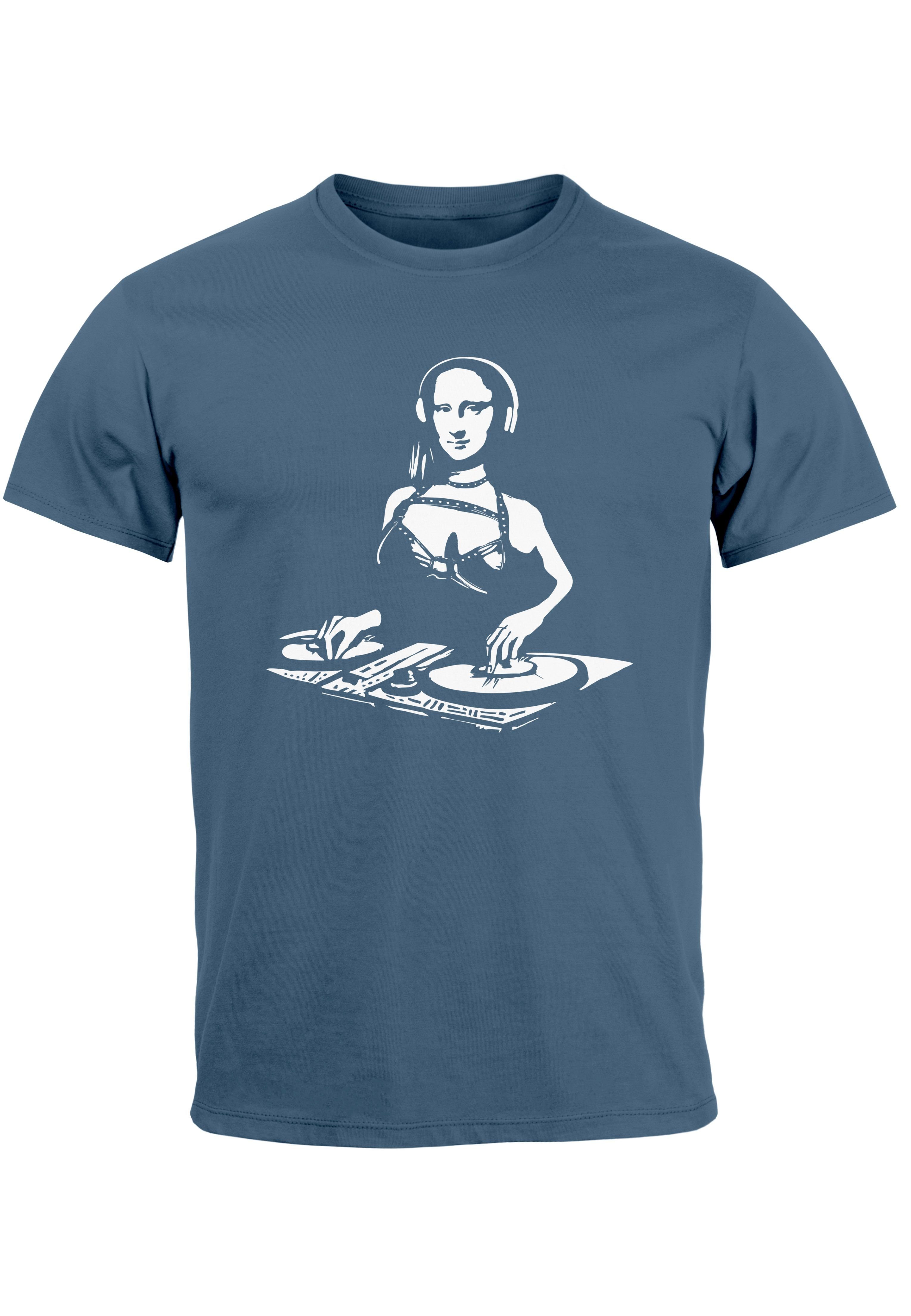 Neverless Print-Shirt Herren T-Shirt Mona Lisa Techno Festival DJ Electronic Music Rave Fash mit Print denim blue