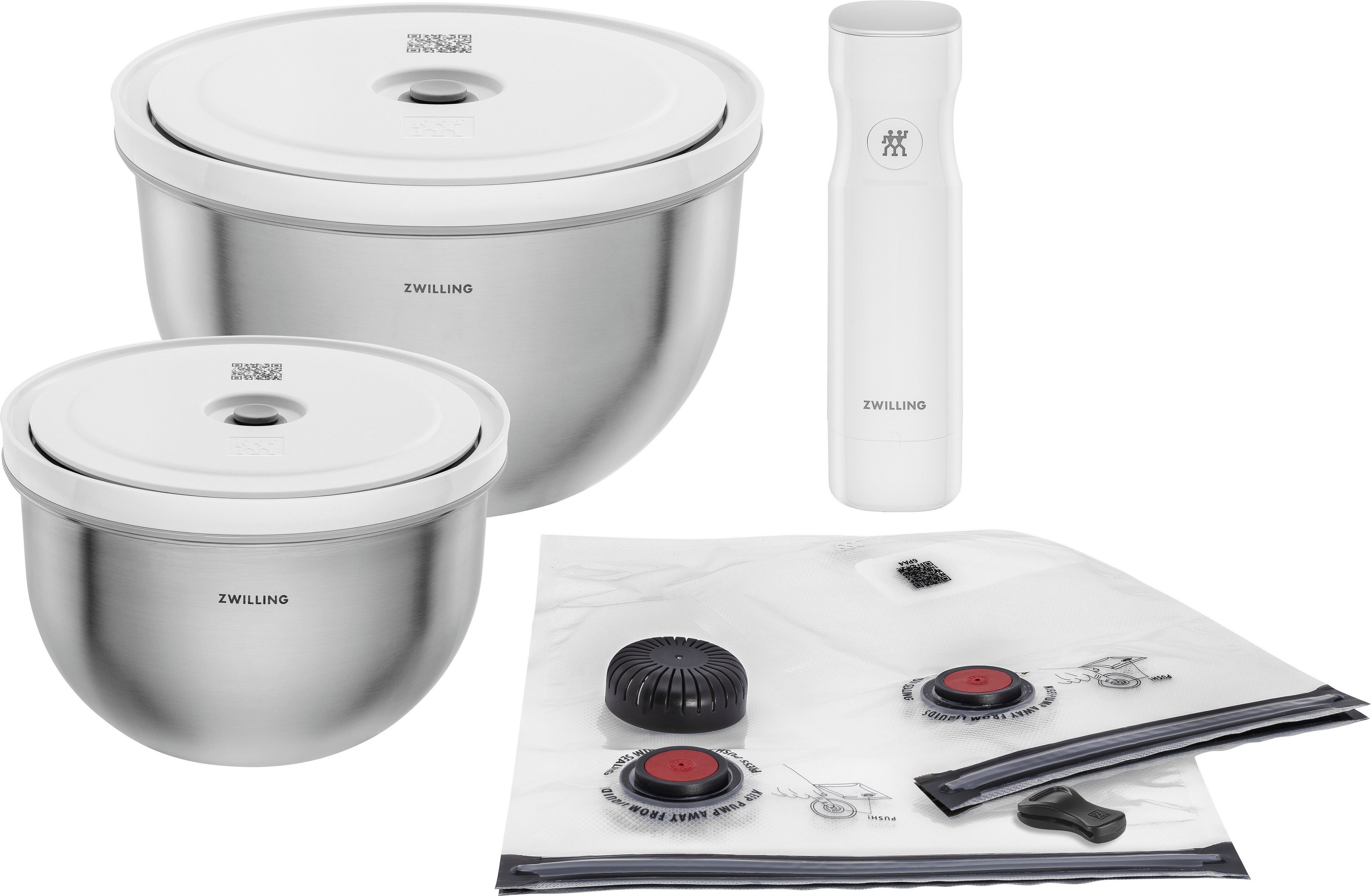 Zwilling Aufbewahrungssystem Fresh & Save BOWLS, Edelstahl, (Set, 9-tlg., 1 Pumpe, 1 Schüssel + Deckel (M/18 cm), (L/24 cm), 1 Beutel S + M), Vakuum Starter Set, Edelstahl / M/L, 9-tlg.
