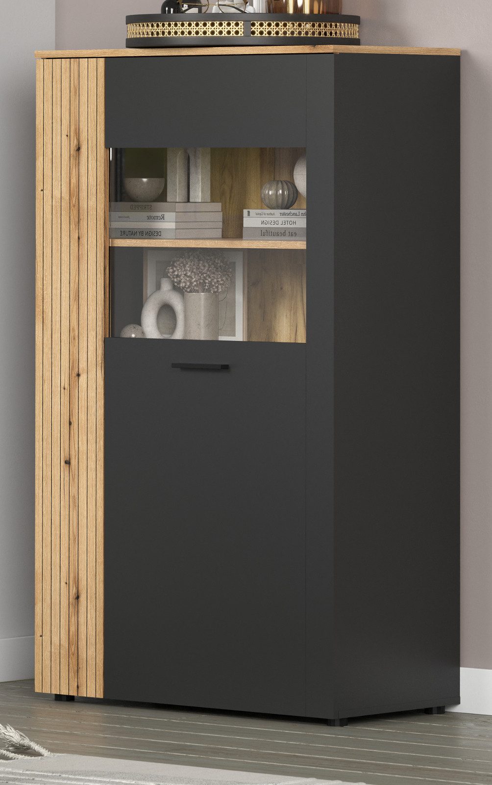 Furn.Design Highboard Avila (Kommode in matt grau und Evoke Eiche, 90 x 146 cm), mit Stabopotik