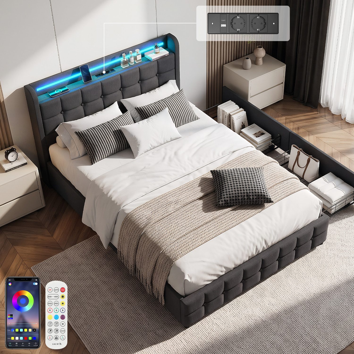 oyajia Polsterbett LED Doppelbett 140x200cm mit 2 Schubladen und Ladefunktion Polsterbett (Einzelbett Bettgestell mit Kopfteil und Lattenrost, Leinen Polsterbett), Modernes Jugendbett, Leises Design Bett, Max. Belastbarkeit 350 kg