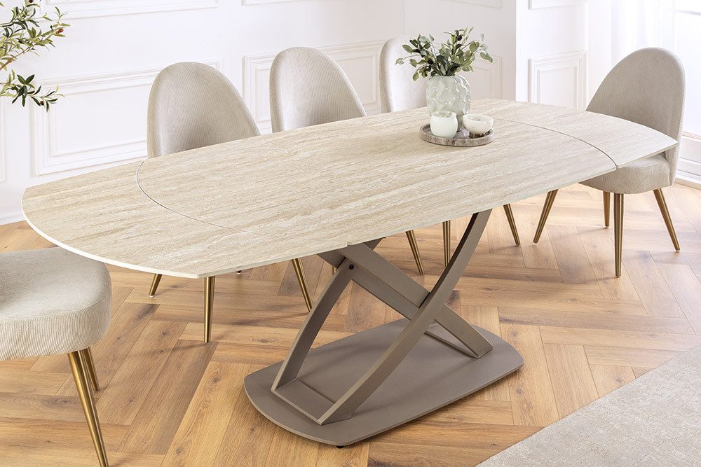 riess-ambiente Esstisch INCEPTION 130-190cm natur – oval, Keramik, Travertin, Metall (Einzelartikel, 1-St), ausziehbare Platte für 6–8 Personen – ideal für Esszimmer oder Küche