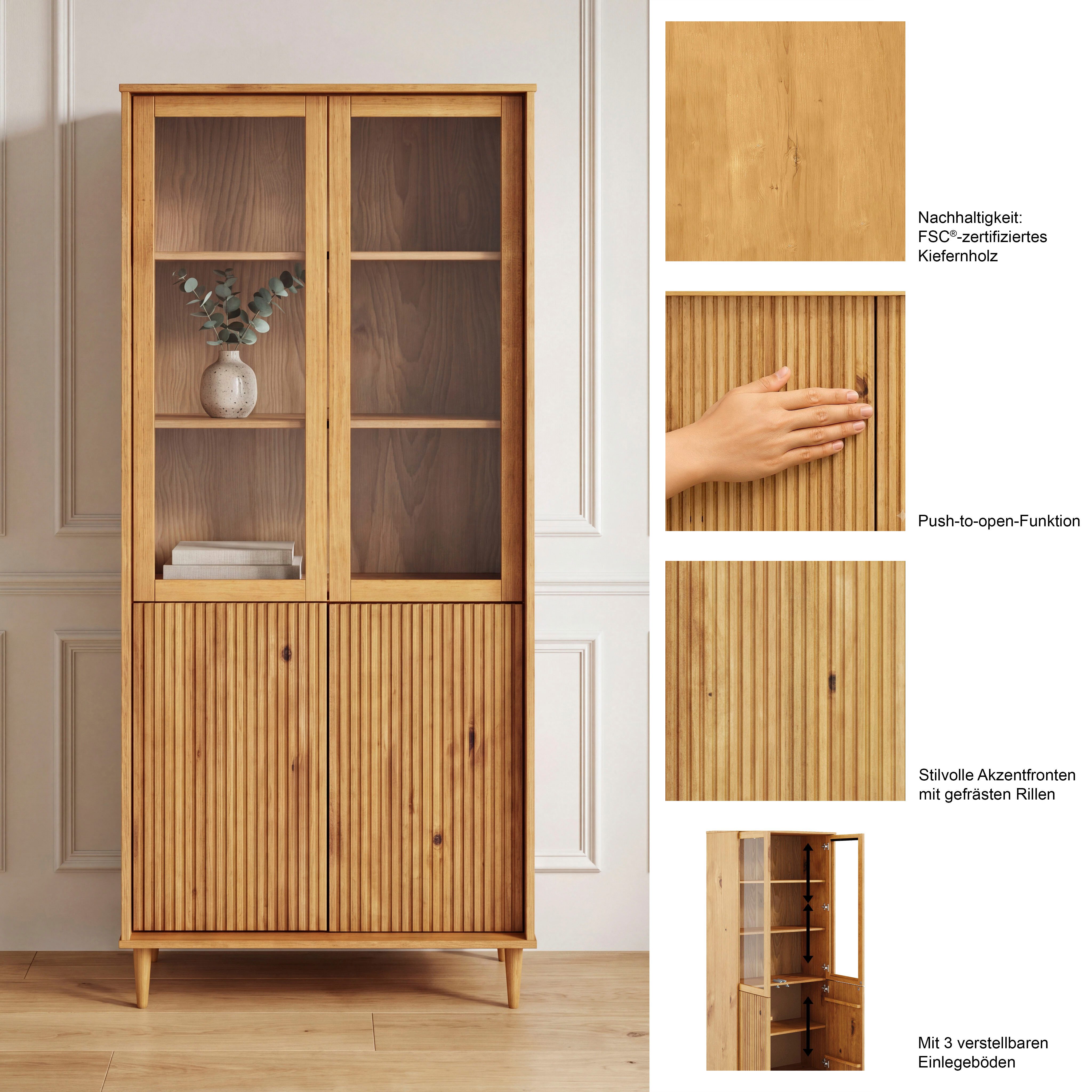 OTTO home Vitrine Malmedy Front mit gefrästen Rillen aus massivem Kiefernholz, Push-to-open, FSC, Breite 80 cm, Höhe 180 cm – Bild 3 von 5