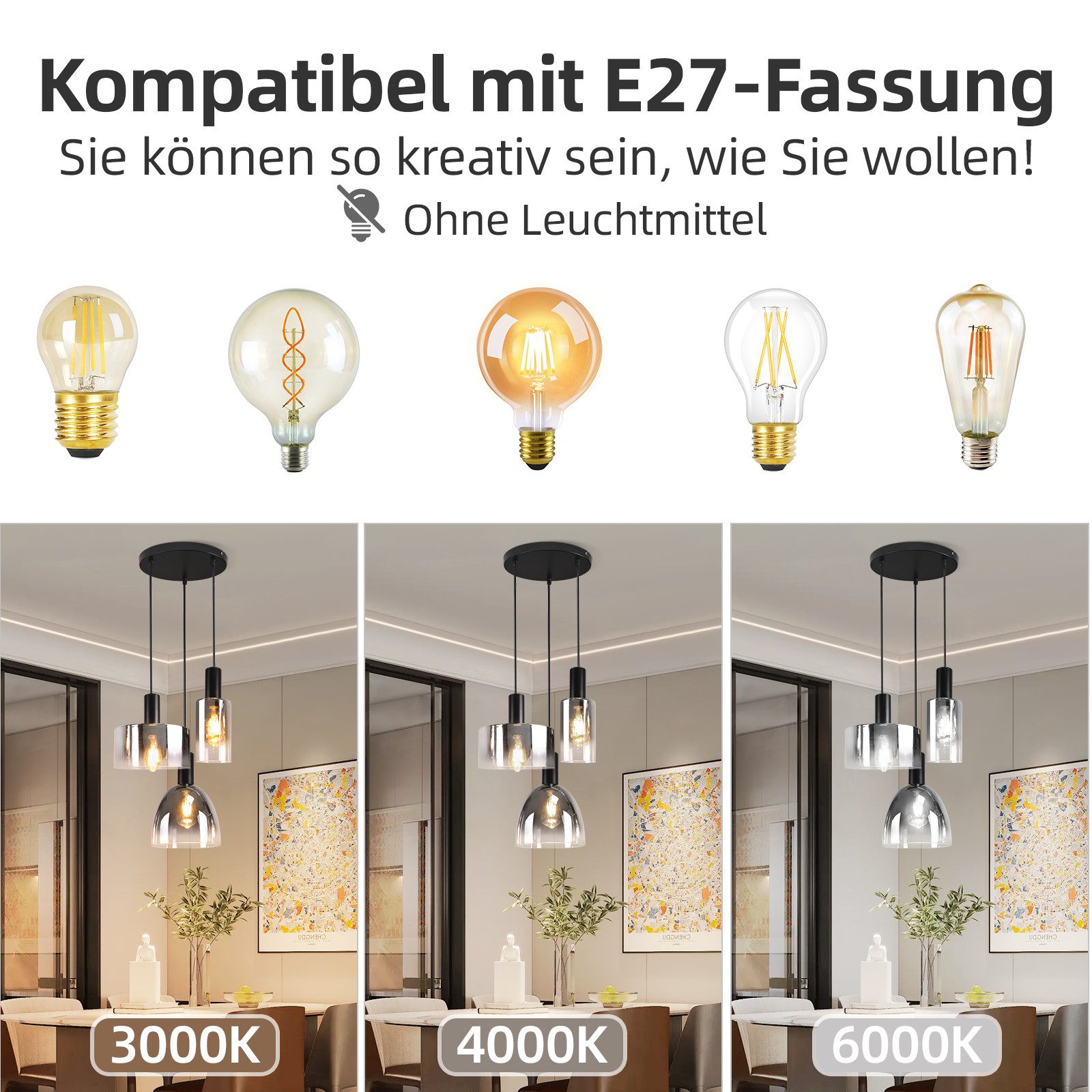 Nettlife Pendelleuchte 3/4 rauchgrauem Glas E27 Fassung Industrielle Hängeleuchte, Höhenverstellbar, LED wechselbar, Pendellampe für Wohnzimmer Küche Esszimmer