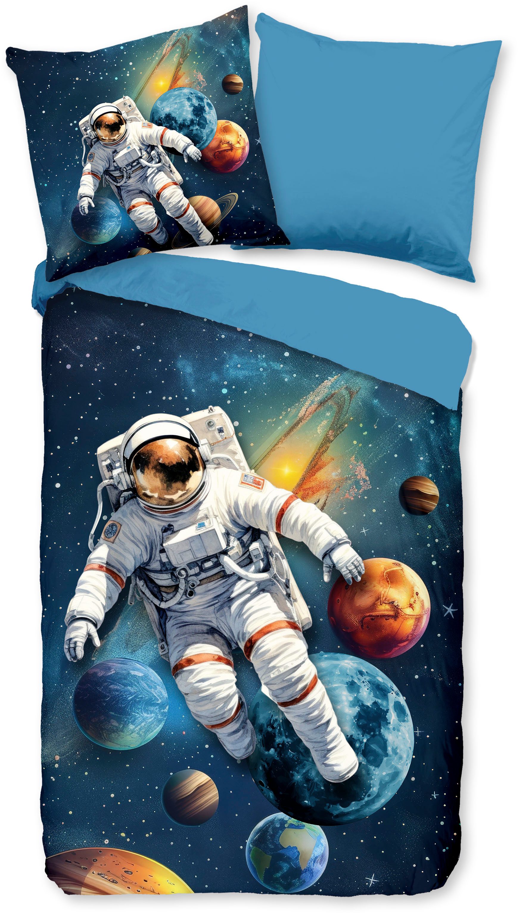 PURE luxury collection Kinderbettwäsche Saros, Microfaser, 2 teilig, Mikrofaser, 135x200, 2 Teilig, Wendeoptik, Kind, Weltall, Astronaut