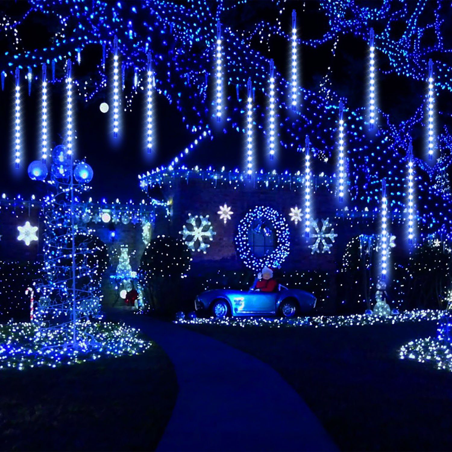 MUPOO LED-Lichterkette LED Meteorschauer Tubes Wasserdichte Lichterkette, Lichterregen 30CM/50CM Schneefall 8 blau Lichter,USB Lichterkette Regen
