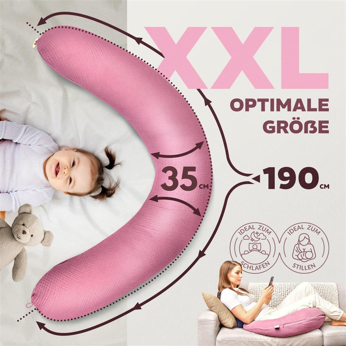 SEI Design Stillkissen Seitenschläferkissen Babynestchen Kuschelnest XXL Musselin Bezug, Schwangerschaftskissen mit Bezug, 1-tlg., Schwangerschaftskissen mit Be – Bild 3 von 5