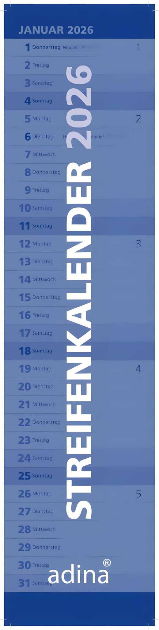 ADINA Wandkalender 2026 ADINA Streifenkalender XL blau 49,5x11,3cm Monatskalender
