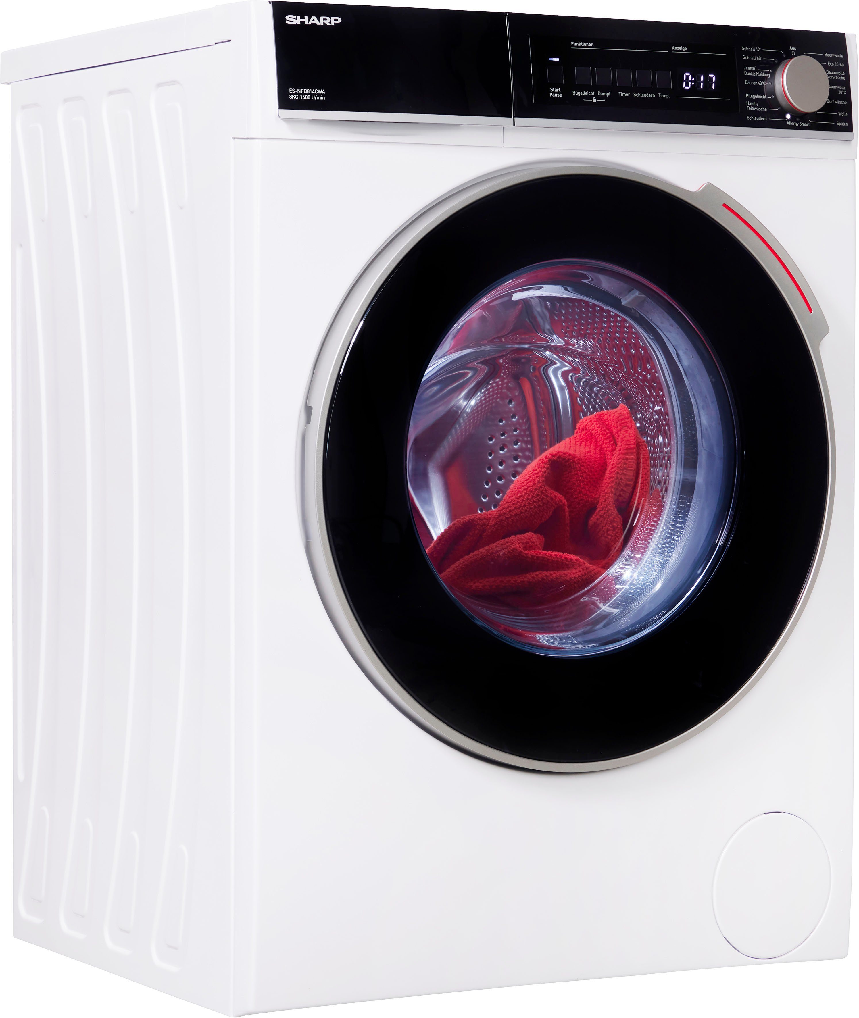Waschmaschine mit Sharp U/min, LED-Display SoftTouch-Bedienung Programmknebel 8 kg, ES-NFB814CWA-DE, 1400 und