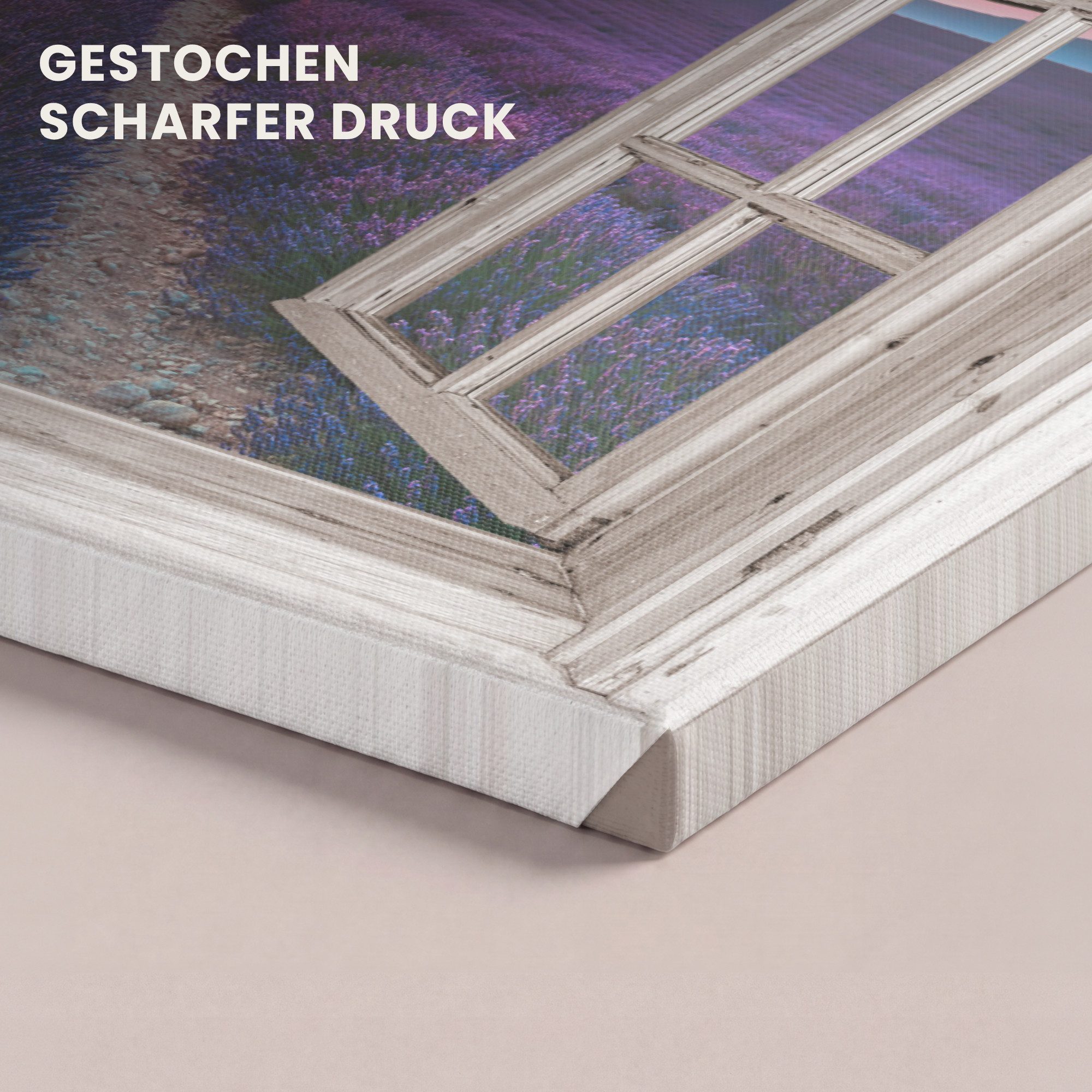 OneMillionCanvasses® Leinwandbild Fensterblick - Fenster - Lavendel - Blumen - Holz - Sonnenuntergang -, Fotodruck (1 St), Leinwand Bilder Klein, Wand Dekoratio – Bild 3 von 5