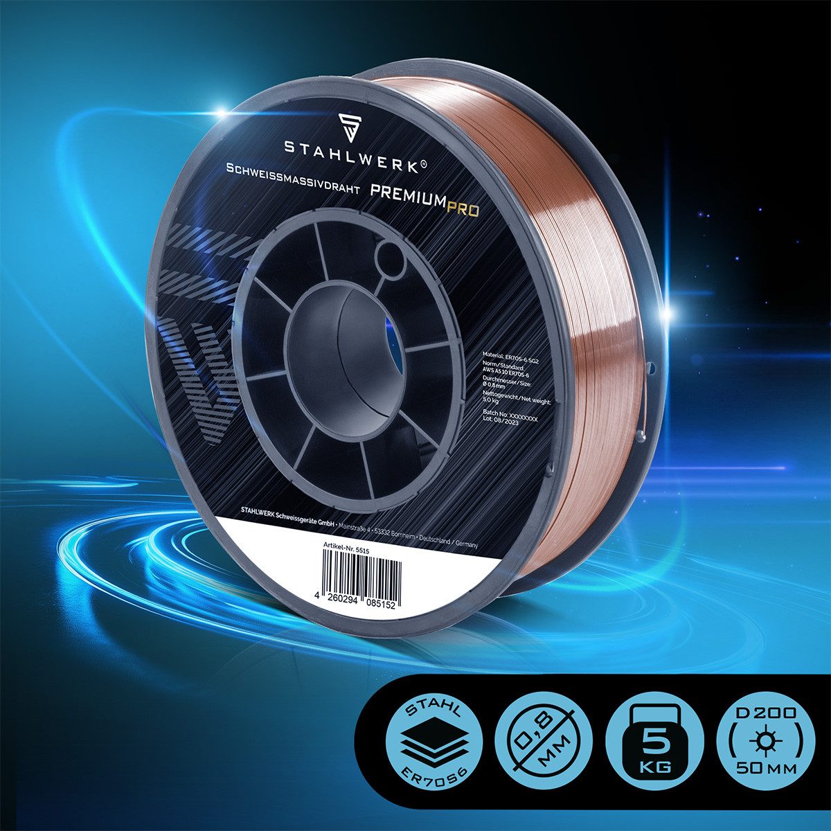 STAHLWERK Schweißdraht 0,8 mm MIG MAG ER70S-6 SG2 auf D200 Drahtrolle 5kg, (Packung), hohe chemische Reinheit für beste Schweißergebnisse