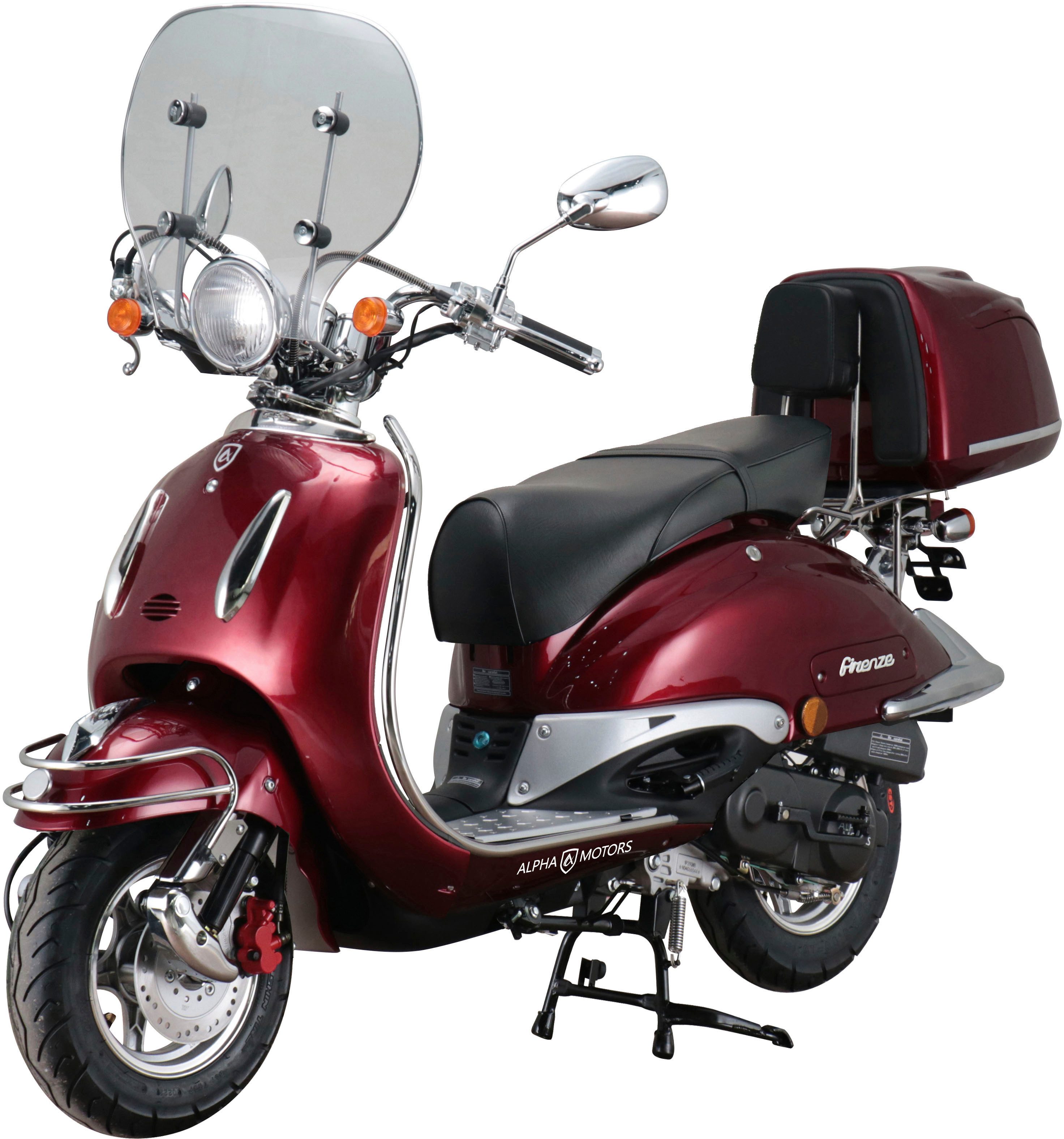 Alpha Motors Motorroller Retro Firenze Limited, 125 ccm, 85 km/h, Euro 5+, (Spar-Set, mit Topcase, Windschild und Chrom-Set), mit Lenkerschloss und Windschild